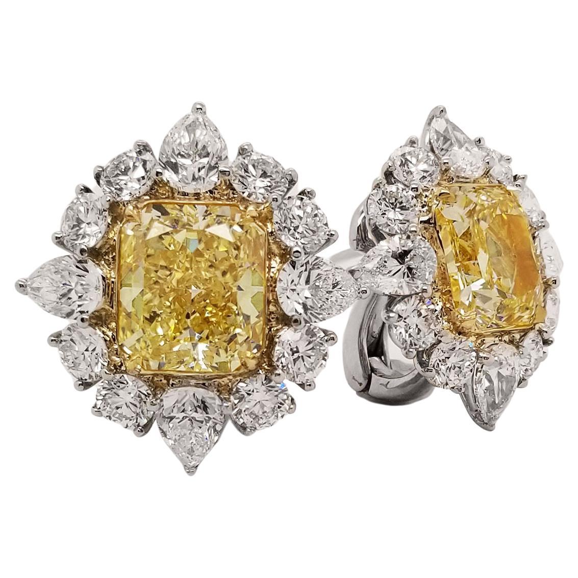 Scarselli 18k & Platinum Earrings 3 Carat Fancy Intense Yellow Each GIA For Sale