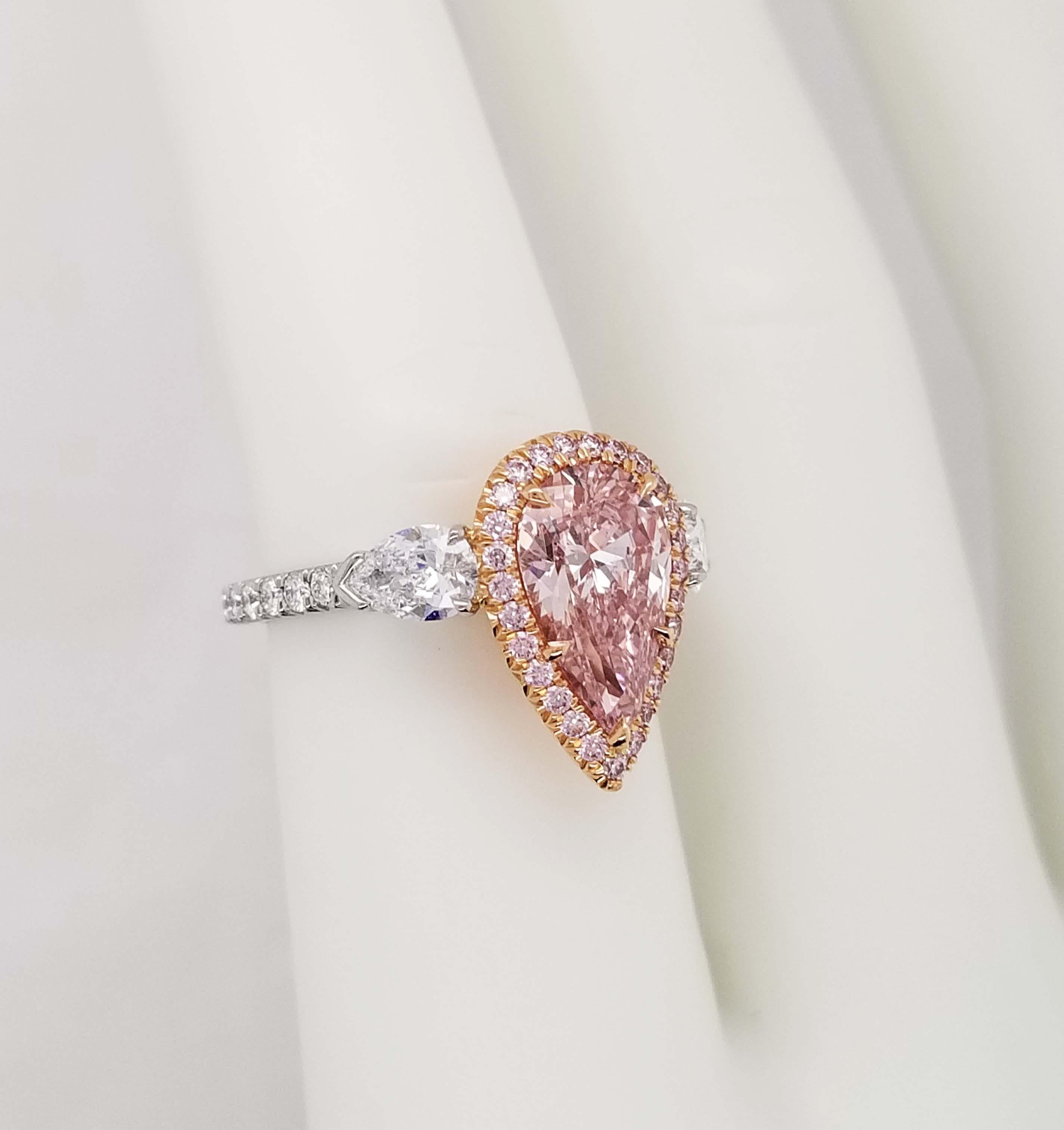 Scarselli 2 Carat Pear Shape Pink Diamond Ring in Platinum and 18k Goldralds In New Condition For Sale In New York, NY