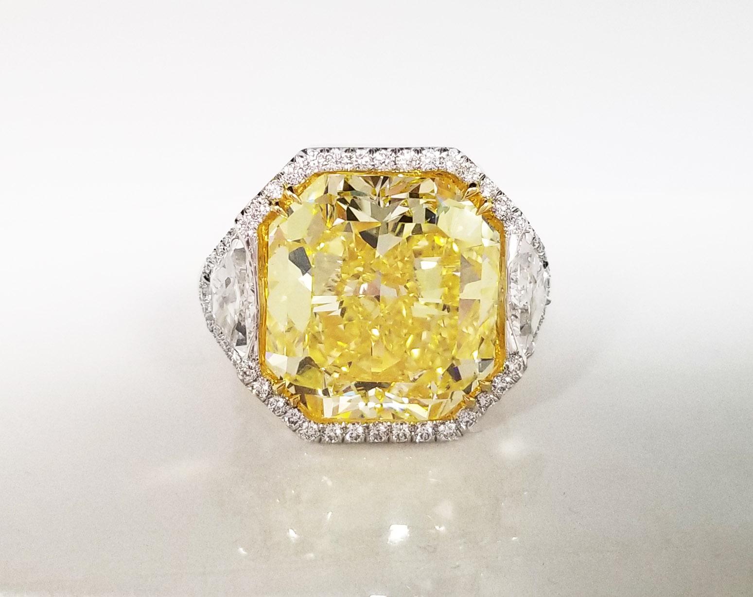 Radiant Cut SCARSELLI 20 Carat Fancy Vivid Yellow Natural Diamond Ring GIA For Sale