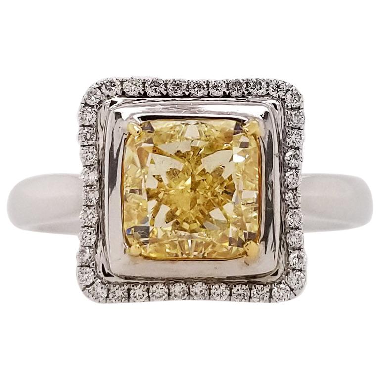 Scarselli, bague de fiançailles en diamant jaune fantaisie taille radiant de 2 carats certifié GIA
