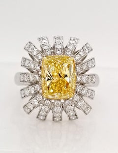Scarselli 2.34 Carat Fancy Intense Yellow Cushion Diamond GIA Engagement Ring