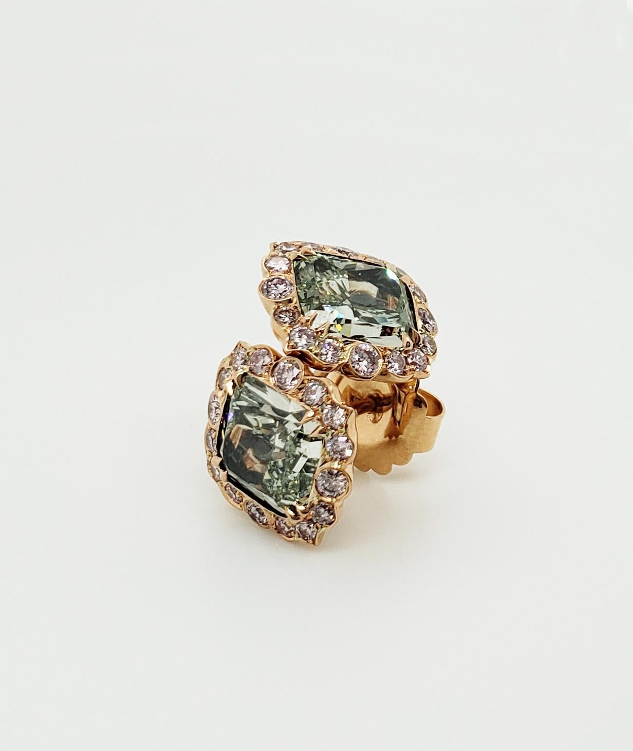 Natural Fancy Green Diamonds are extremely rare and even more so in the Intense Green color category.  Beautiful and rare these Fancy Intense Yellowish Green Cushion Cut Diamonds mounted in clip earrings are the ultimate collector acquisition. 