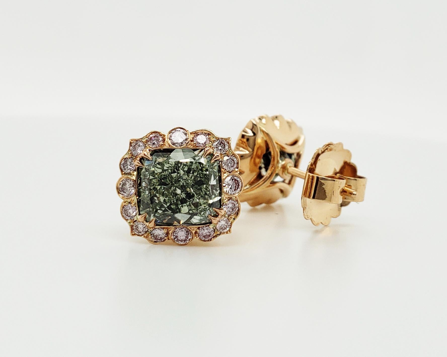 Contemporary Scarselli 3 Carat Each Fancy Intense Green Earrings in Platinum, GIA For Sale