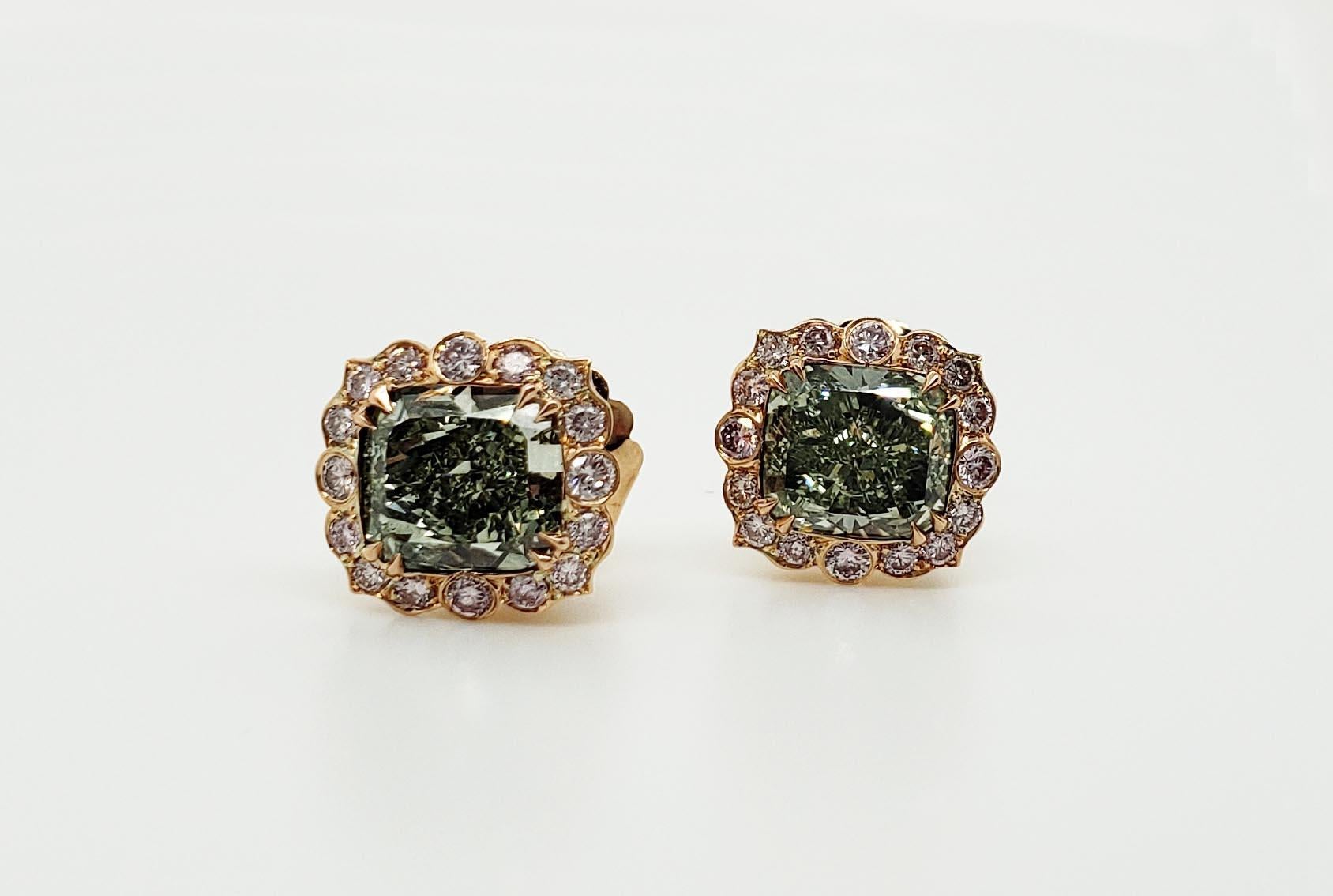 Cushion Cut Scarselli 3 Carat Each Fancy Intense Green Earrings in Platinum, GIA For Sale
