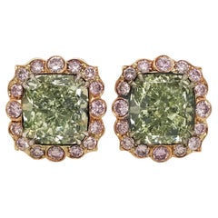 Scarselli 3 Carat Each Fancy Intense Green Earrings in Platinum, GIA