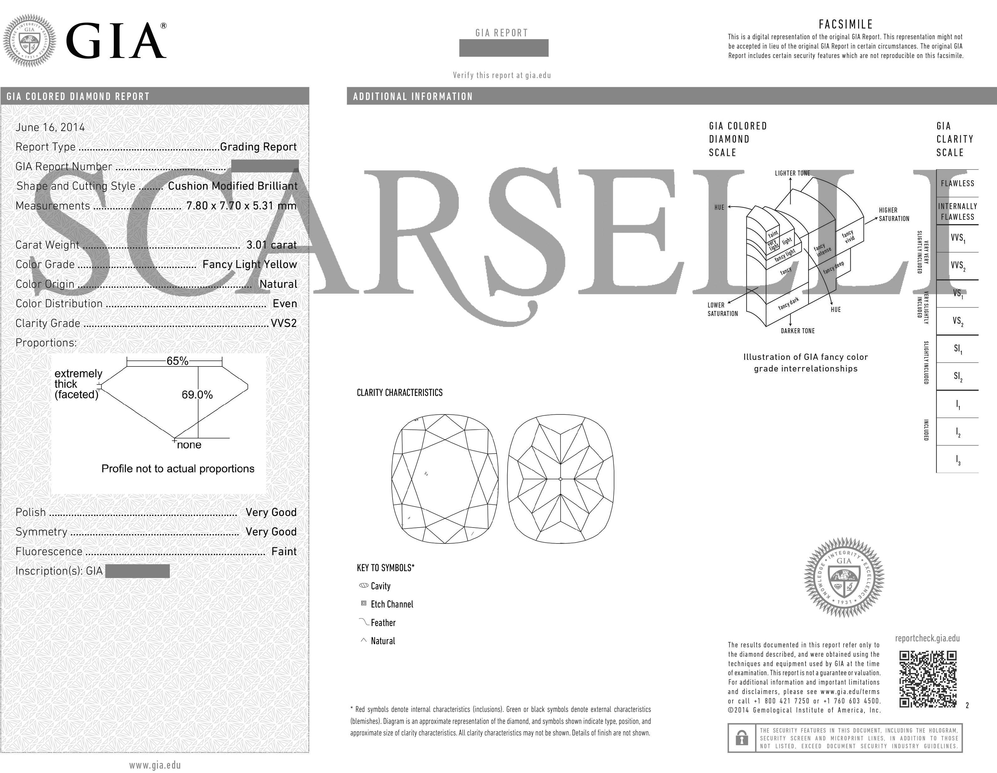 Cushion Cut Scarselli GIA 3 Carat VVS2 Fancy Light Yellow Diamond Engagement Ring Platinum  For Sale