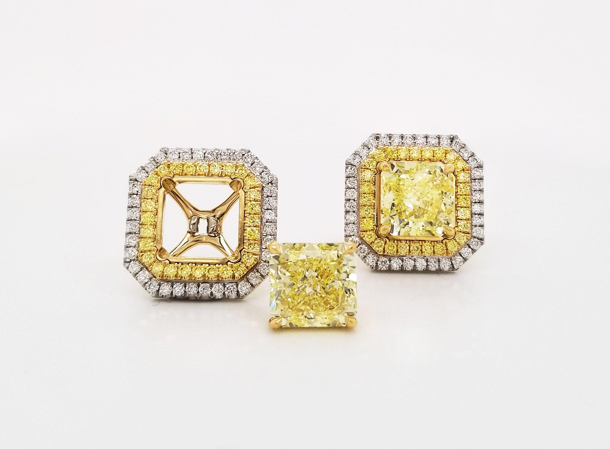  From the innovative collection at Scarselli, these Fancy yellow 3+ carat studs, each GIA certified (see certificate pictures for detailed stone information), mounted in a classic and elegant 18k yellow gold setting that can be removed from its