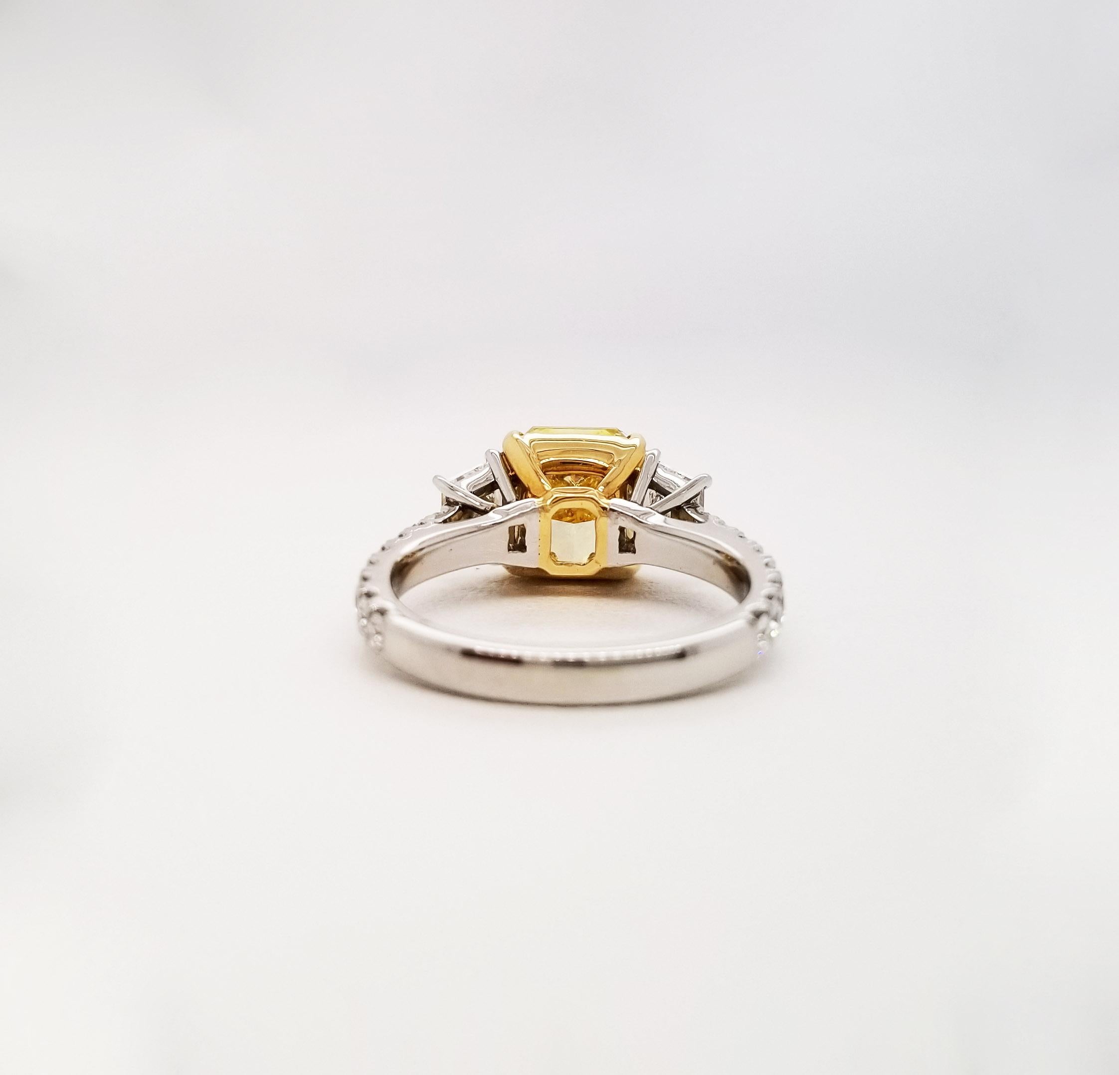 Contemporary Scarselli 3 carat VIVID Yellow Radiant Cut Diamond Platinum Engagement Ring  For Sale