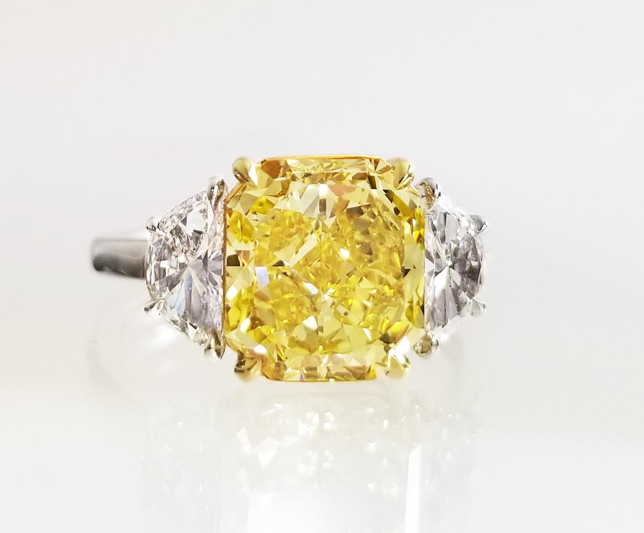 Radiant Cut Scarselli 3 Plus Fancy Vivid Yellow Natural Diamond Engagement Platinum Ring GIA For Sale