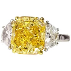 Scarselli 3 Plus Fancy Vivid Yellow Natural Diamond Engagement Platinum Ring GIA