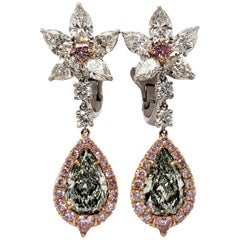 Scarselli 3.30 Carat Fancy Green Pear Shape Diamond Drop Earrings with-GIA