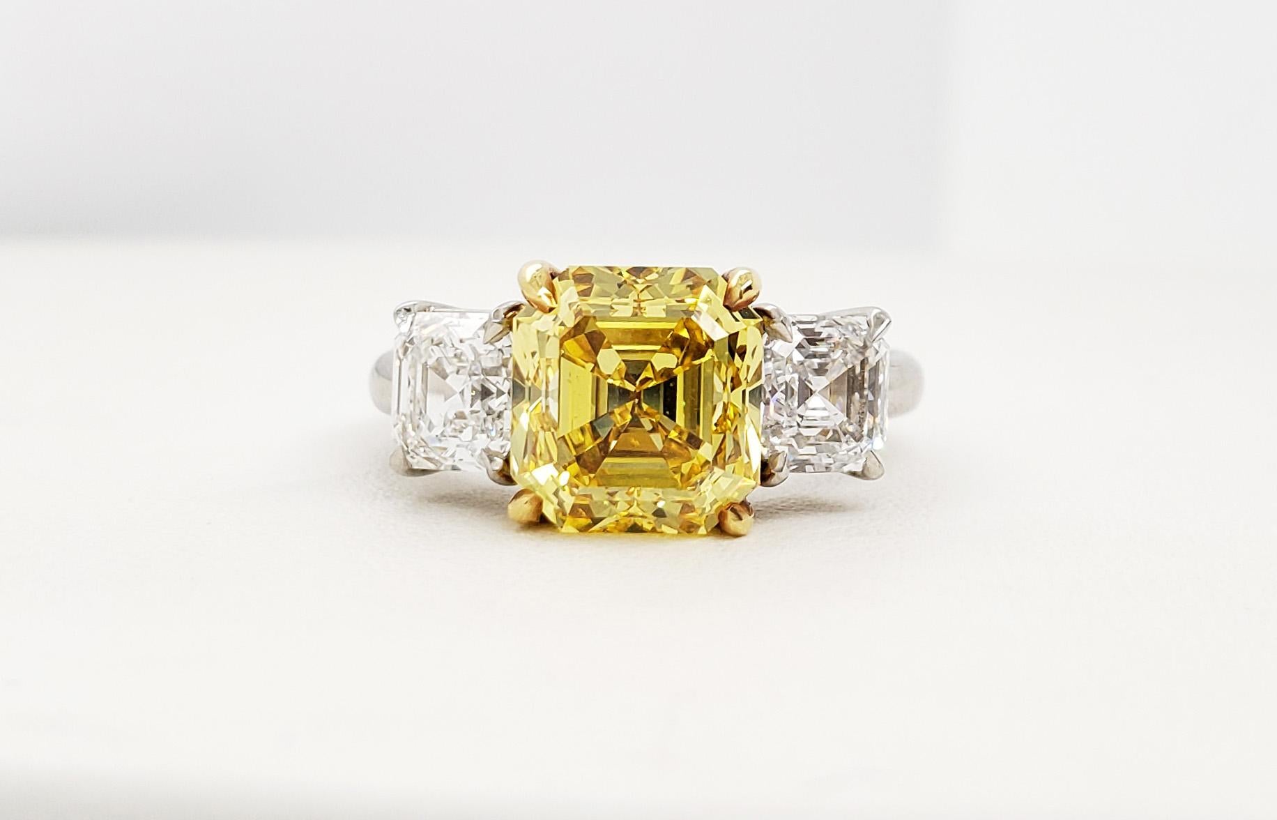 Women's Scarselli 4 Carat Fancy Vivid Yellow Asscher Cut Diamond Ring, Platinum GIA