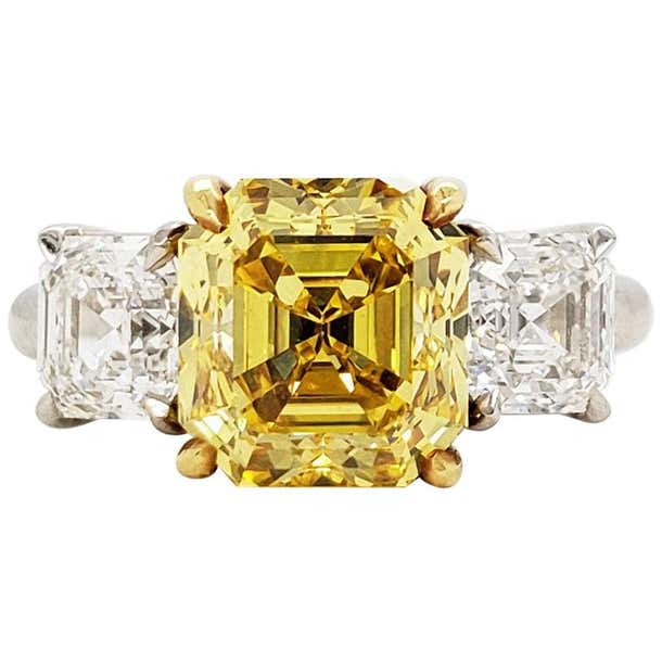 Scarselli 4 Carat Fancy Vivid Yellow Asscher Cut Diamond Ring, Platinum ...