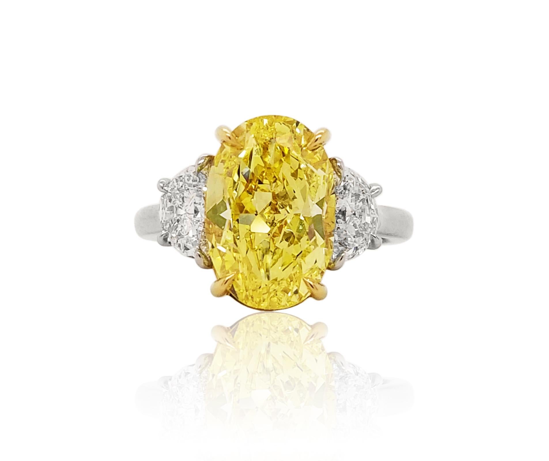 Radiant Cut Scarselli 4+ Carat Fancy Vivid Yellow Oval Diamond Ring For Sale