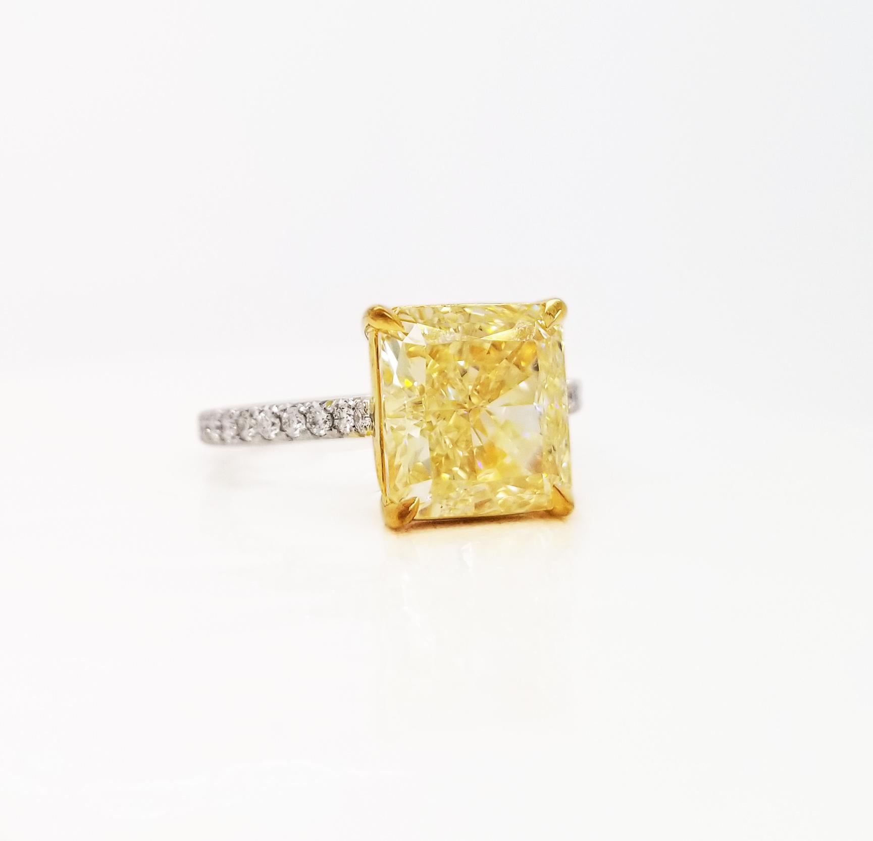 Radiant Cut Scarselli 4 Carat Fancy Light Yellow Solitaire Platinum Ring