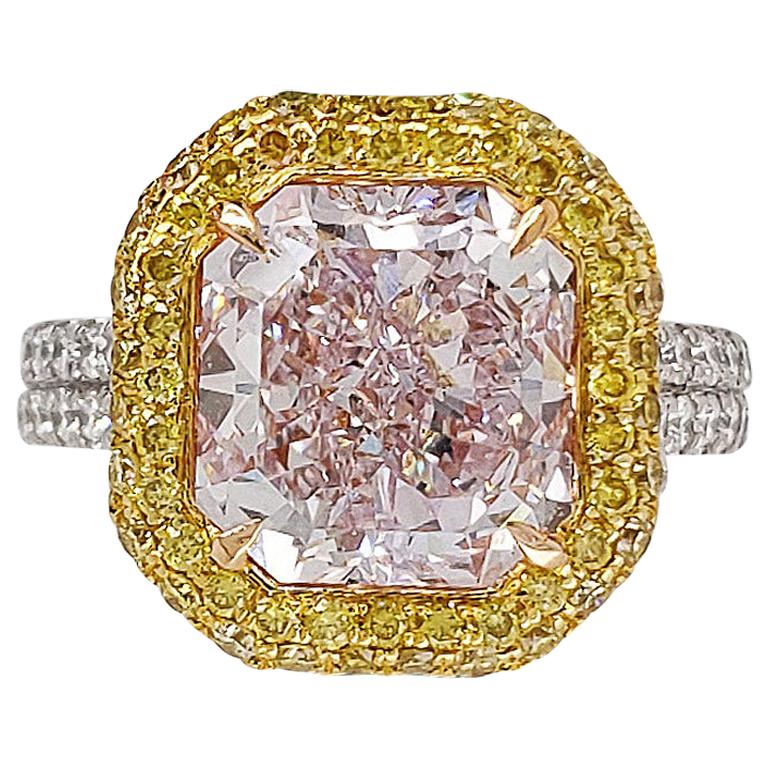 Bague en platine Scarselli - Diamant radiant de 4 carats de couleur rose clair et pourpre 