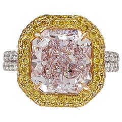 Bague en platine Scarselli - Diamant radiant de 4 carats de couleur rose clair et pourpre 