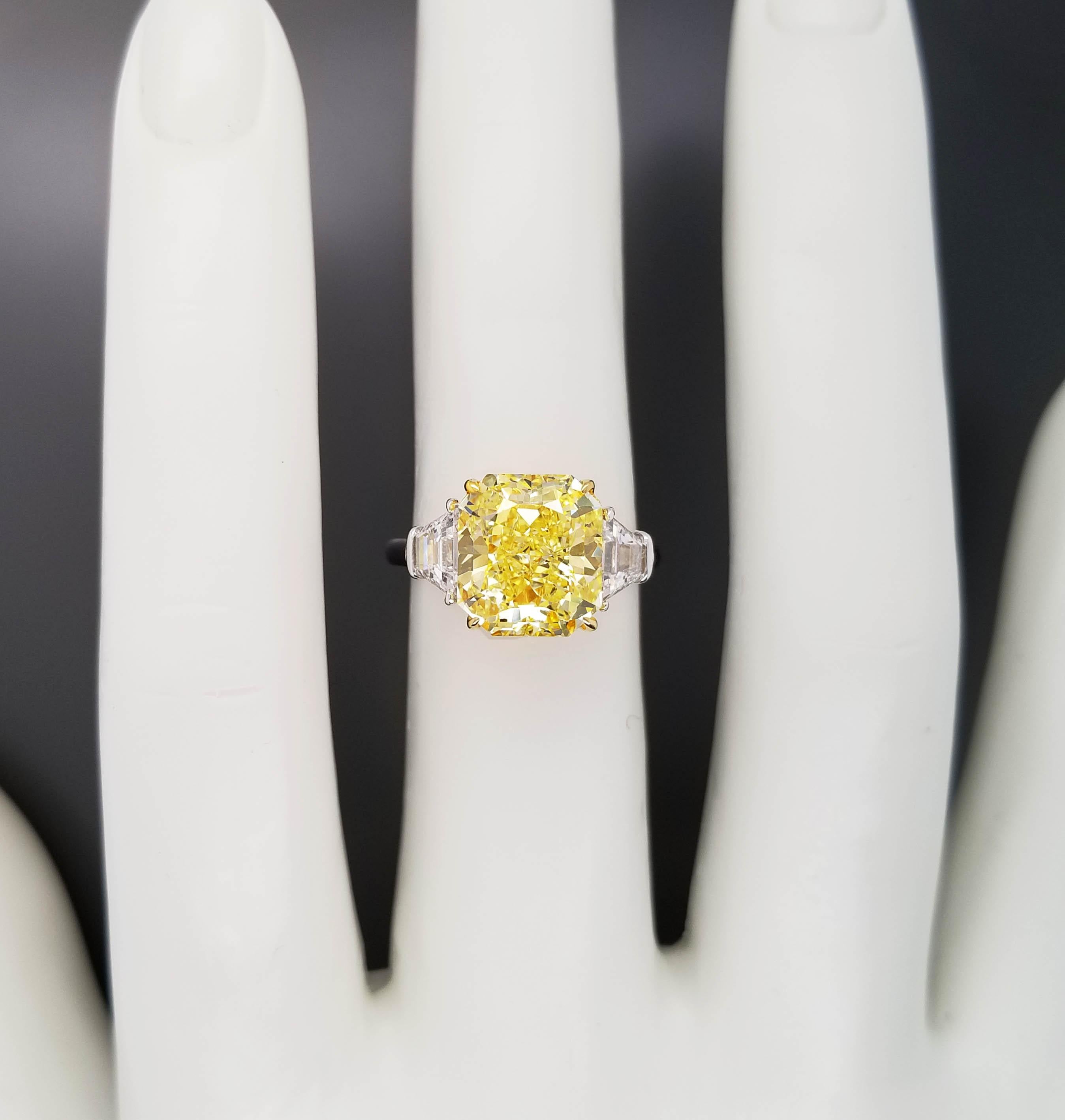 Radiant Cut Scarselli 5 Carat Fancy Intense Yellow Diamond Ring in Platinum