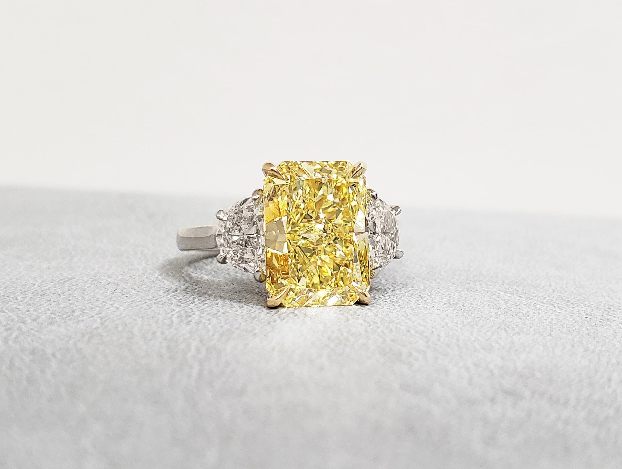Radiant Cut Scarselli 5 Carat Fancy Intense Yellow Diamond Ring in Platinum GIA Certified