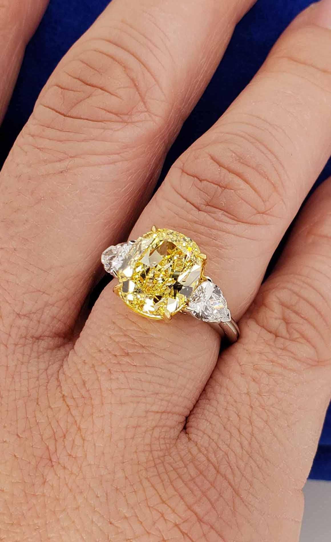 Scarselli 5.68 Carat Fancy Intense Yellow Cushion Cut Diamond Ring in Platinum 5