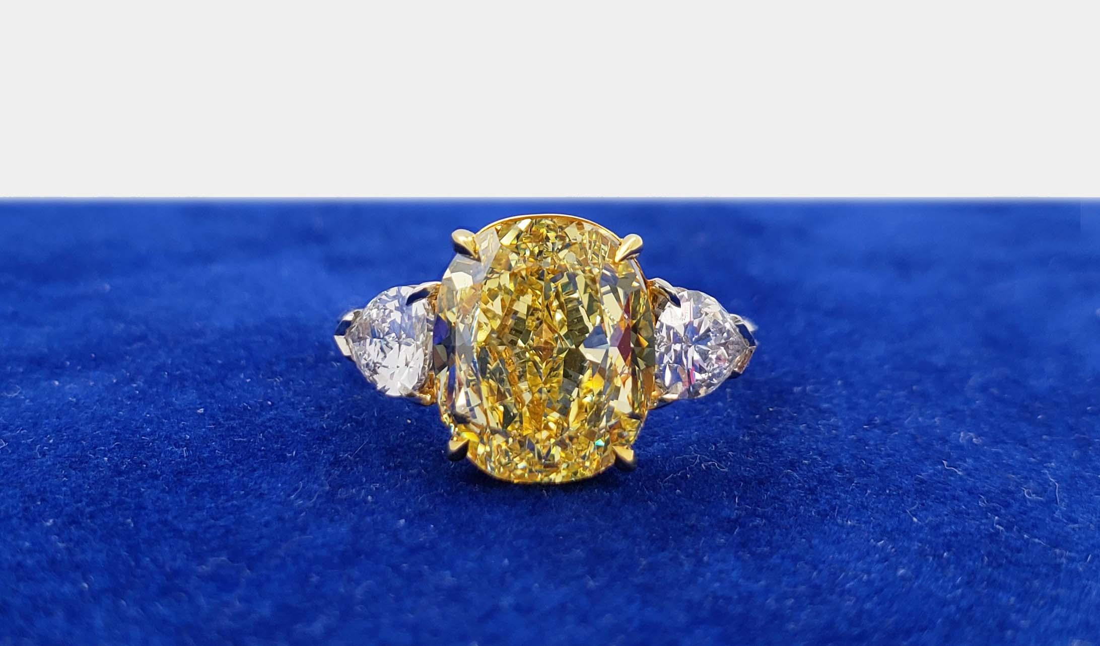 Scarselli 5.68 Carat Fancy Intense Yellow Cushion Cut Diamond Ring in Platinum 1