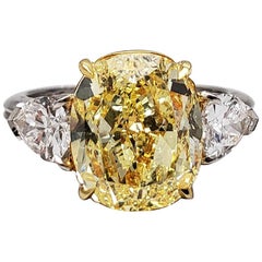Scarselli 5.68 Carat Fancy Intense Yellow Cushion Cut Diamond Ring in Platinum