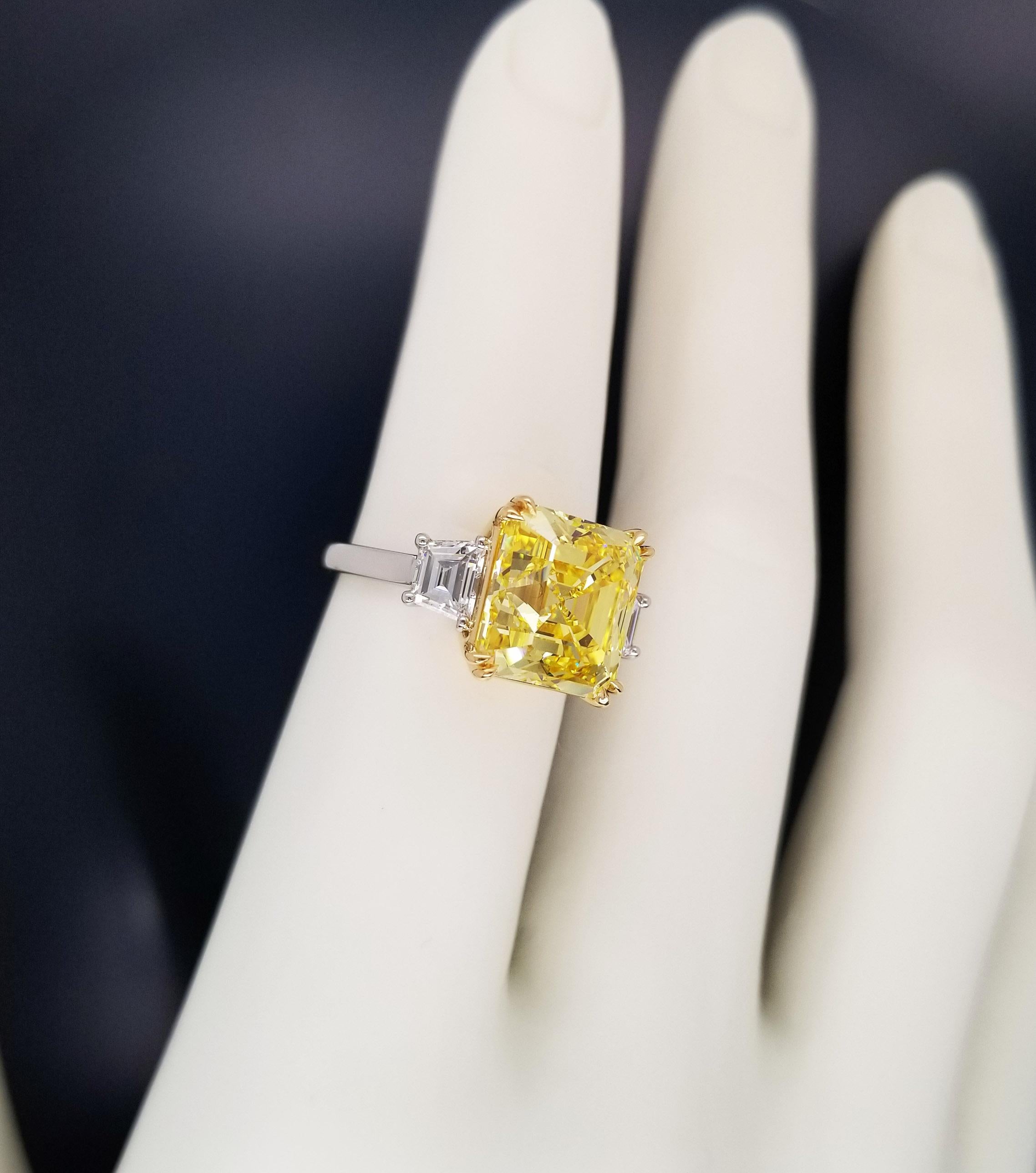 Scarselli 6 Carat Fancy Vivid Yellow Emerald Cut Diamond Ring in Platinum 2