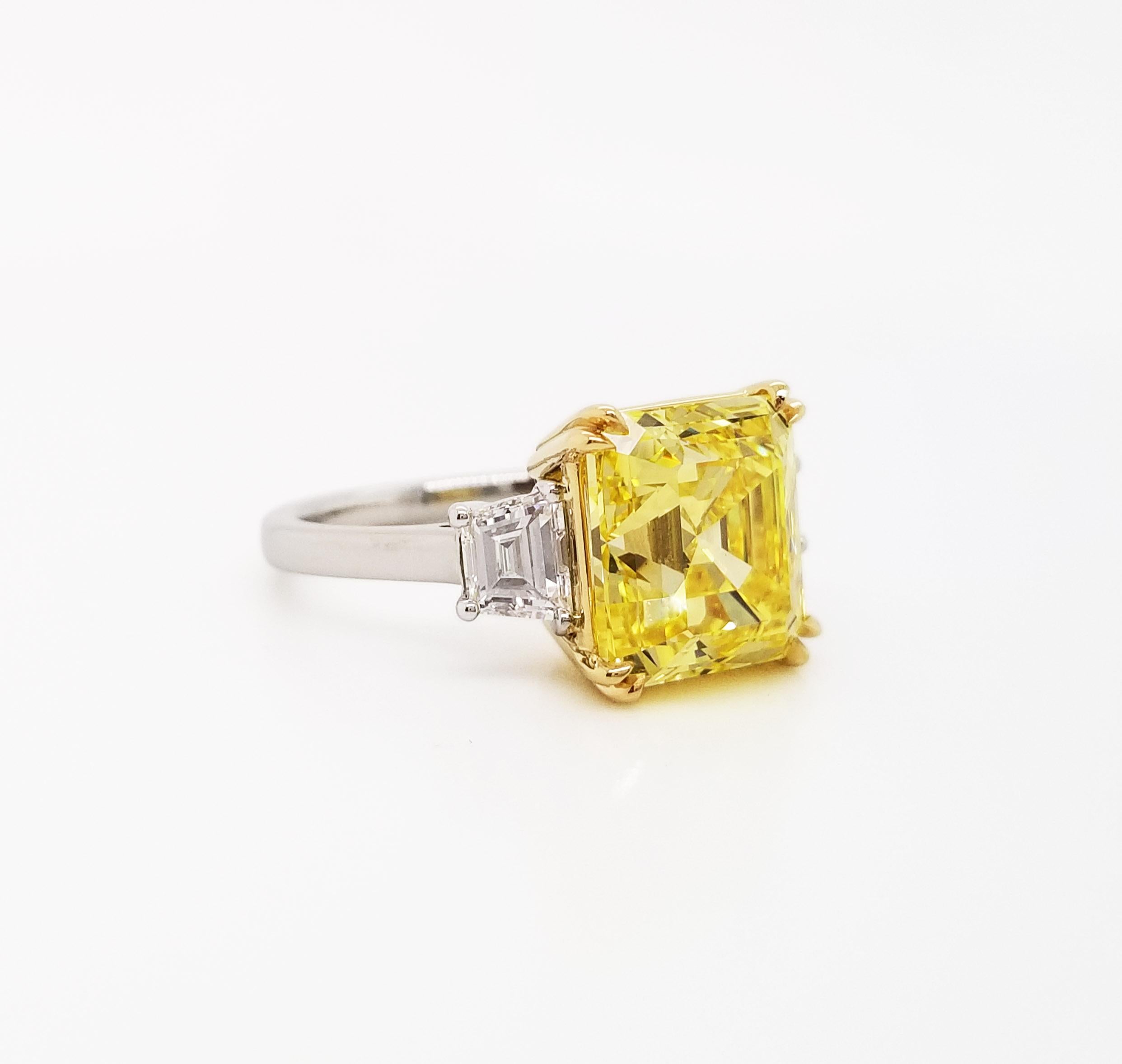 Scarselli 6 Carat Fancy Vivid Yellow Emerald Cut Diamond Ring in Platinum 3