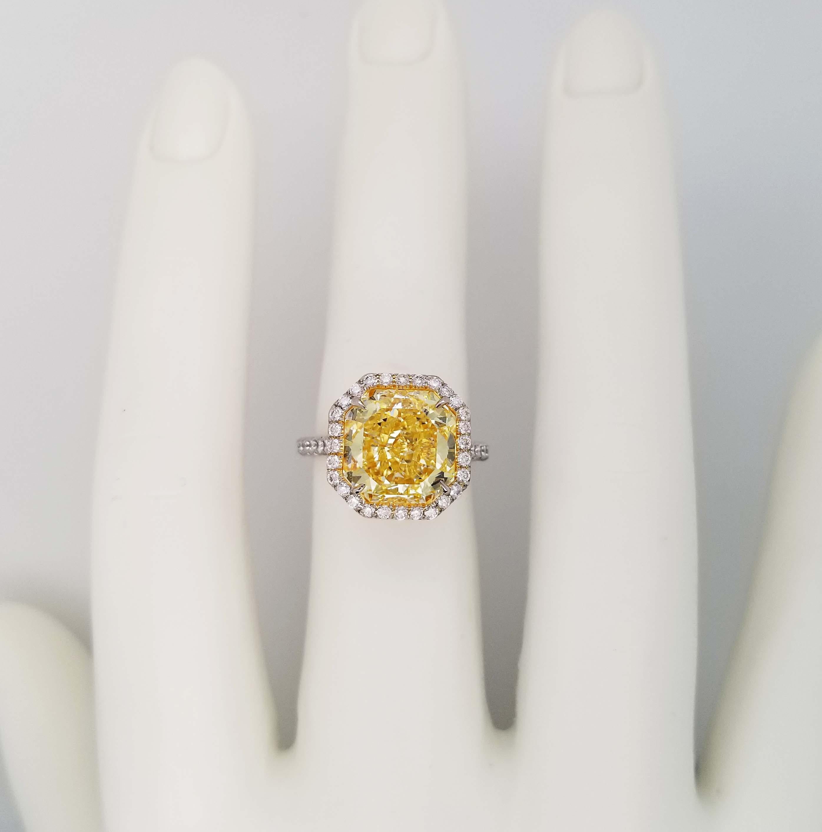 Radiant Cut Scarselli 6 Carat Fancy Yellow Diamond Ring in Platinum For Sale