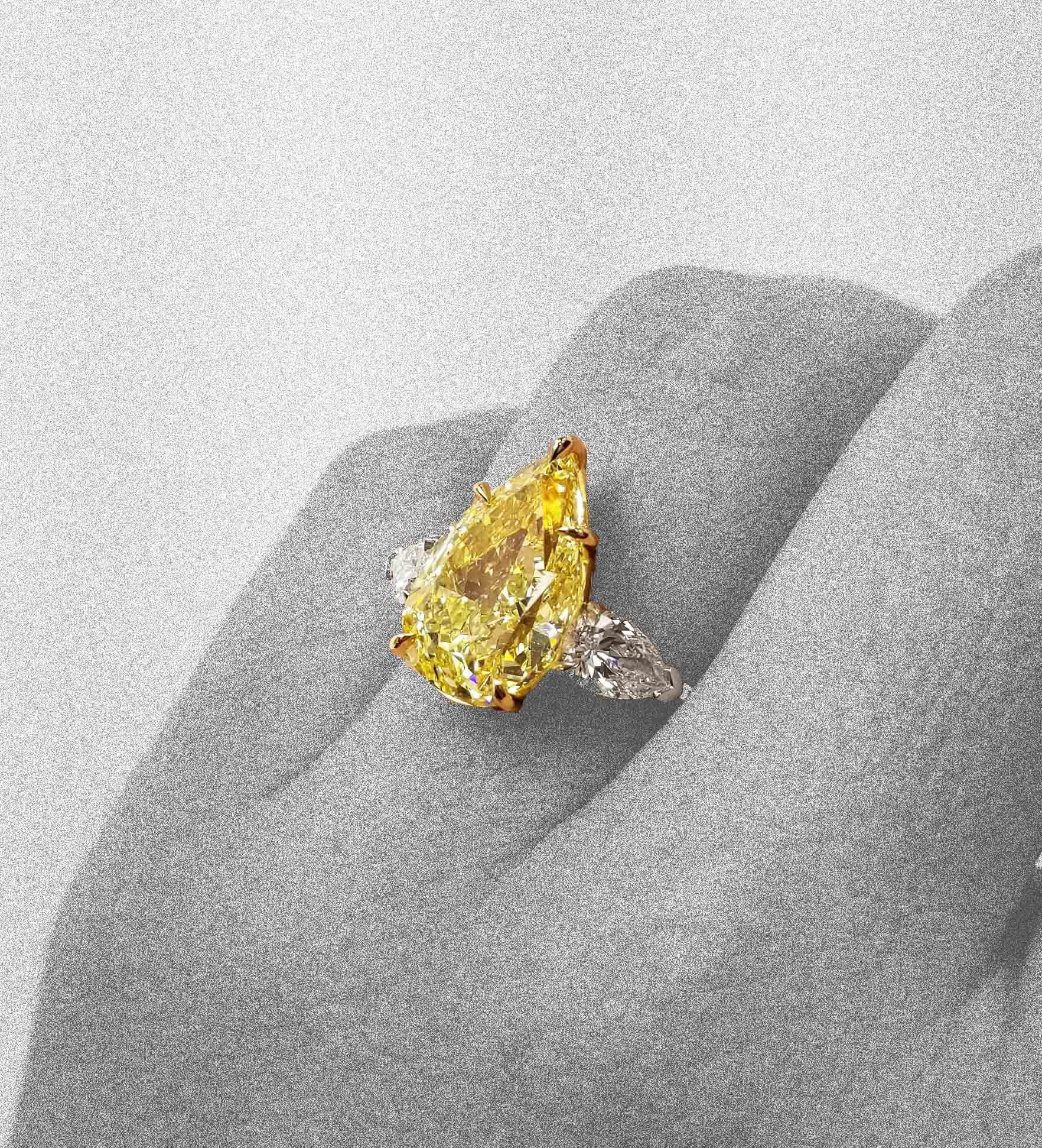 Pear Cut Scarselli 5 Carat Pear Shape Fancy Yellow Diamond Engagement Ring