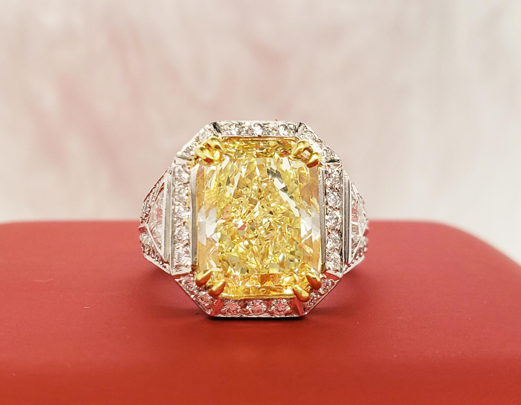 Scarselli 6.35 Carat Fancy Yellow Radiant Diamond Ring in Platinum GIA Certified 2