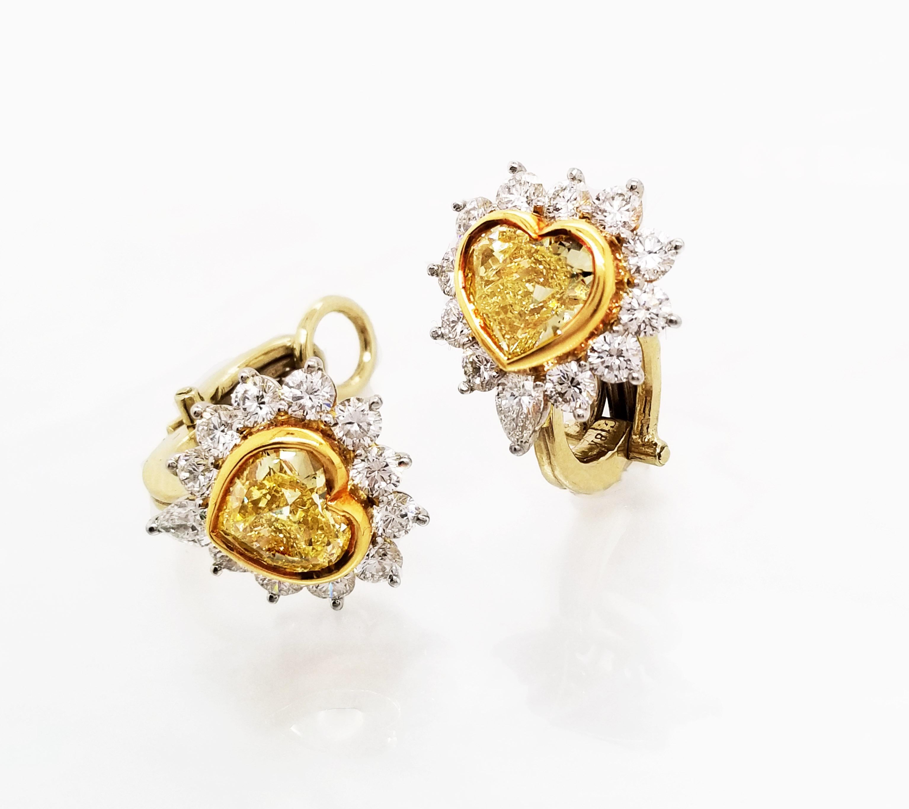 Heart Cut Scarselli Clip-On Heart Shape Fancy Yellow Diamond Earrings GIA