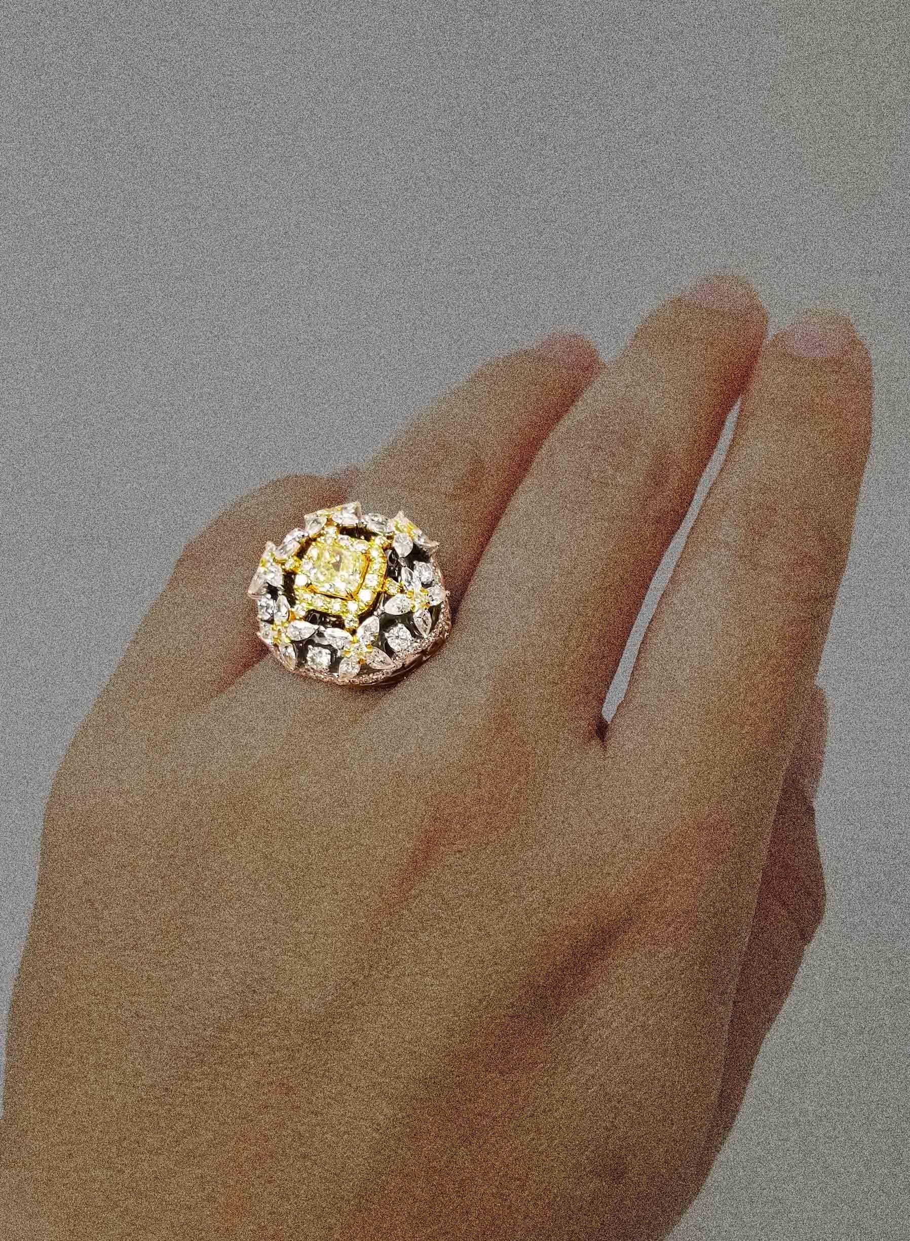 Scarselli Cocktail Ring with 1.00 Carat Fancy Yellow Radiant Diamonds GIA 4