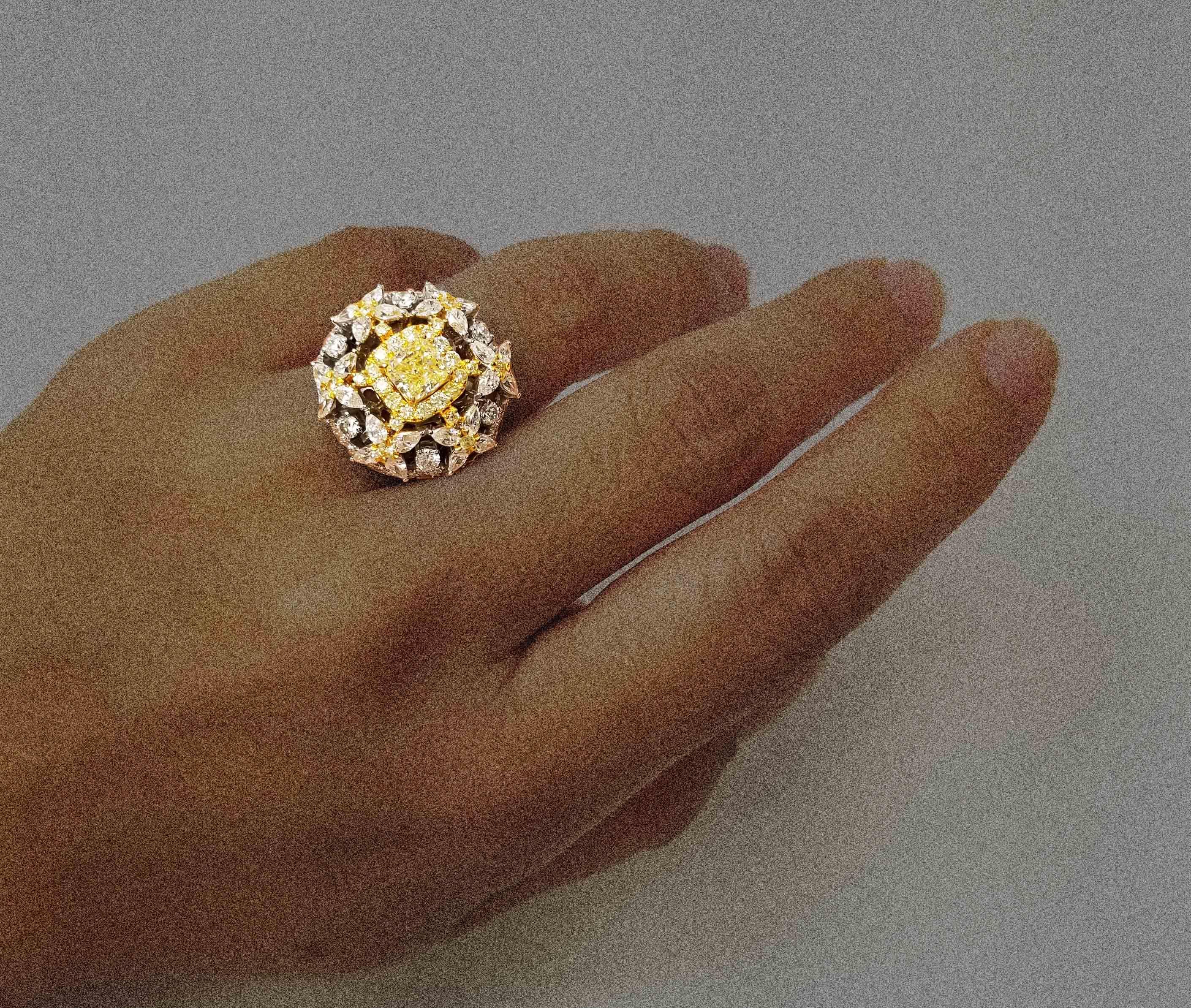 Scarselli Cocktail Ring with 1.00 Carat Fancy Yellow Radiant Diamonds GIA 5