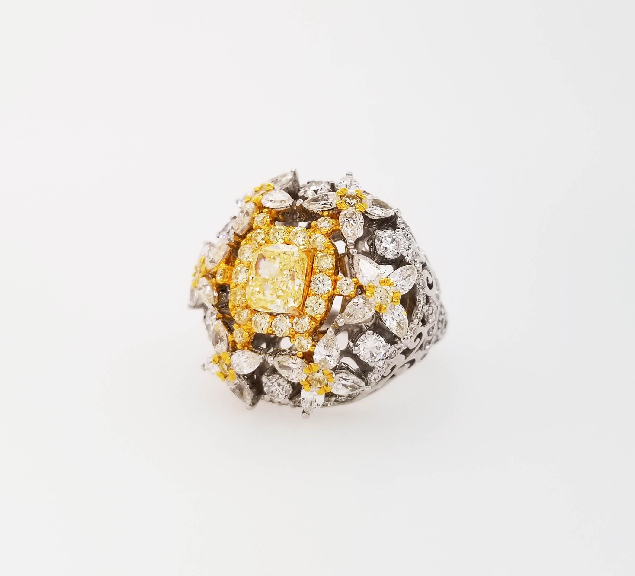 Contemporary Scarselli Cocktail Ring with 1.00 Carat Fancy Yellow Radiant Diamonds GIA