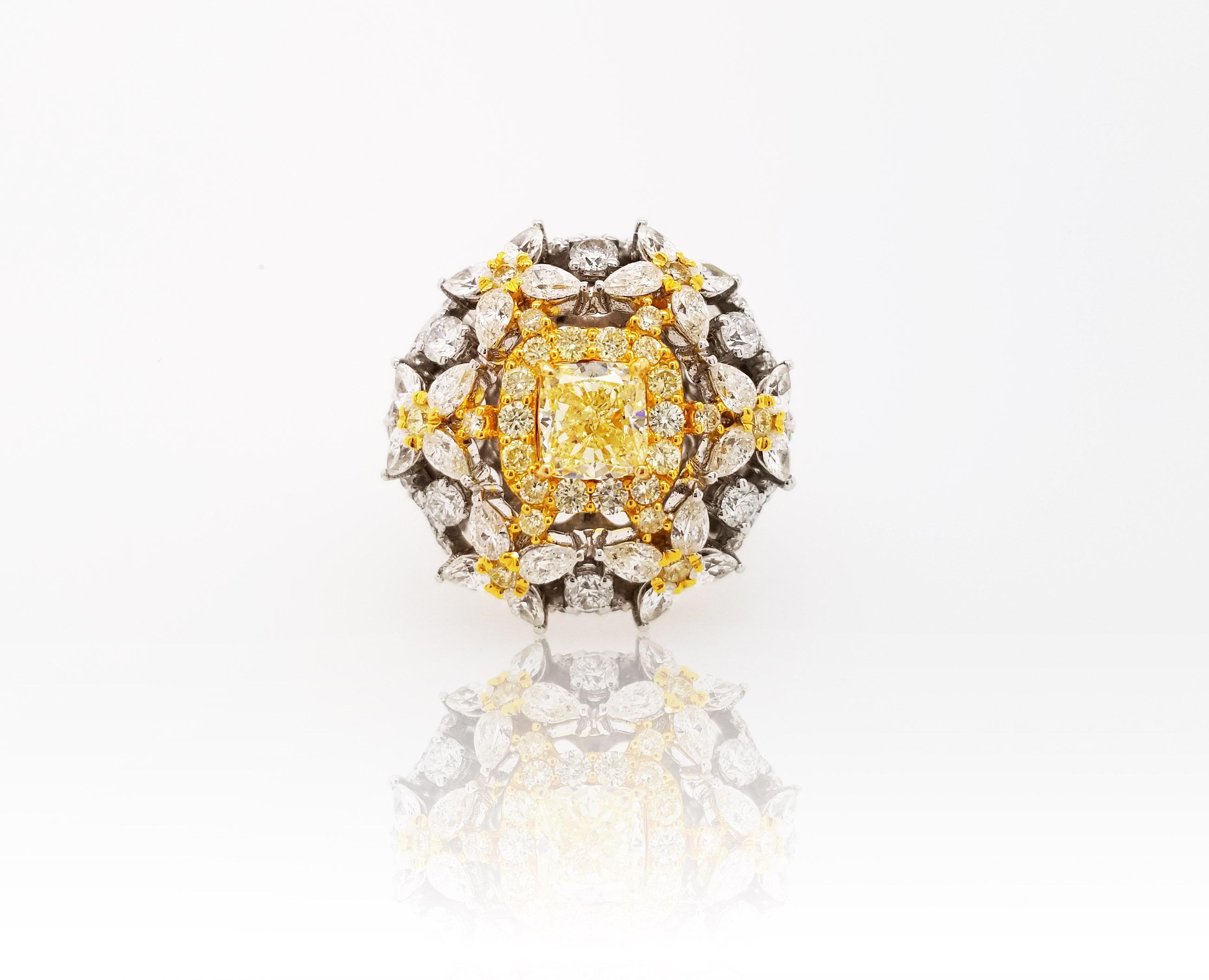 Scarselli Cocktail Ring with 1.00 Carat Fancy Yellow Radiant Diamonds GIA 3