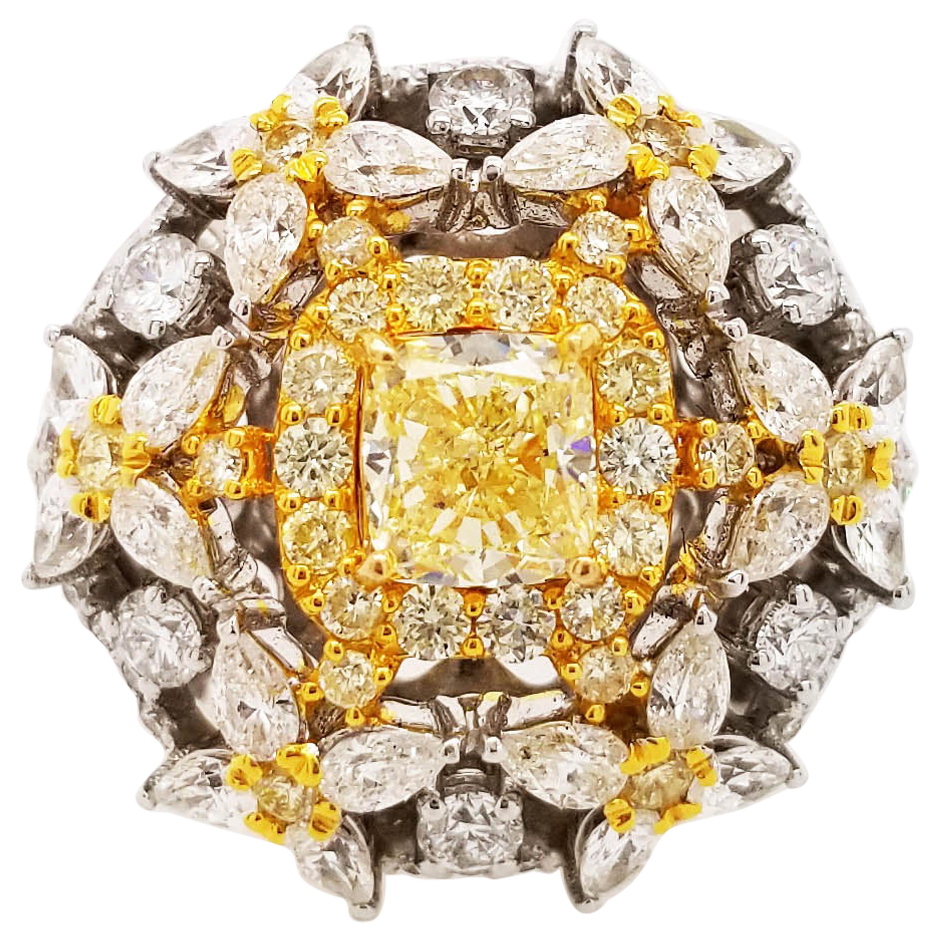 Scarselli Cocktail Ring with 1.00 Carat Fancy Yellow Radiant Diamonds GIA