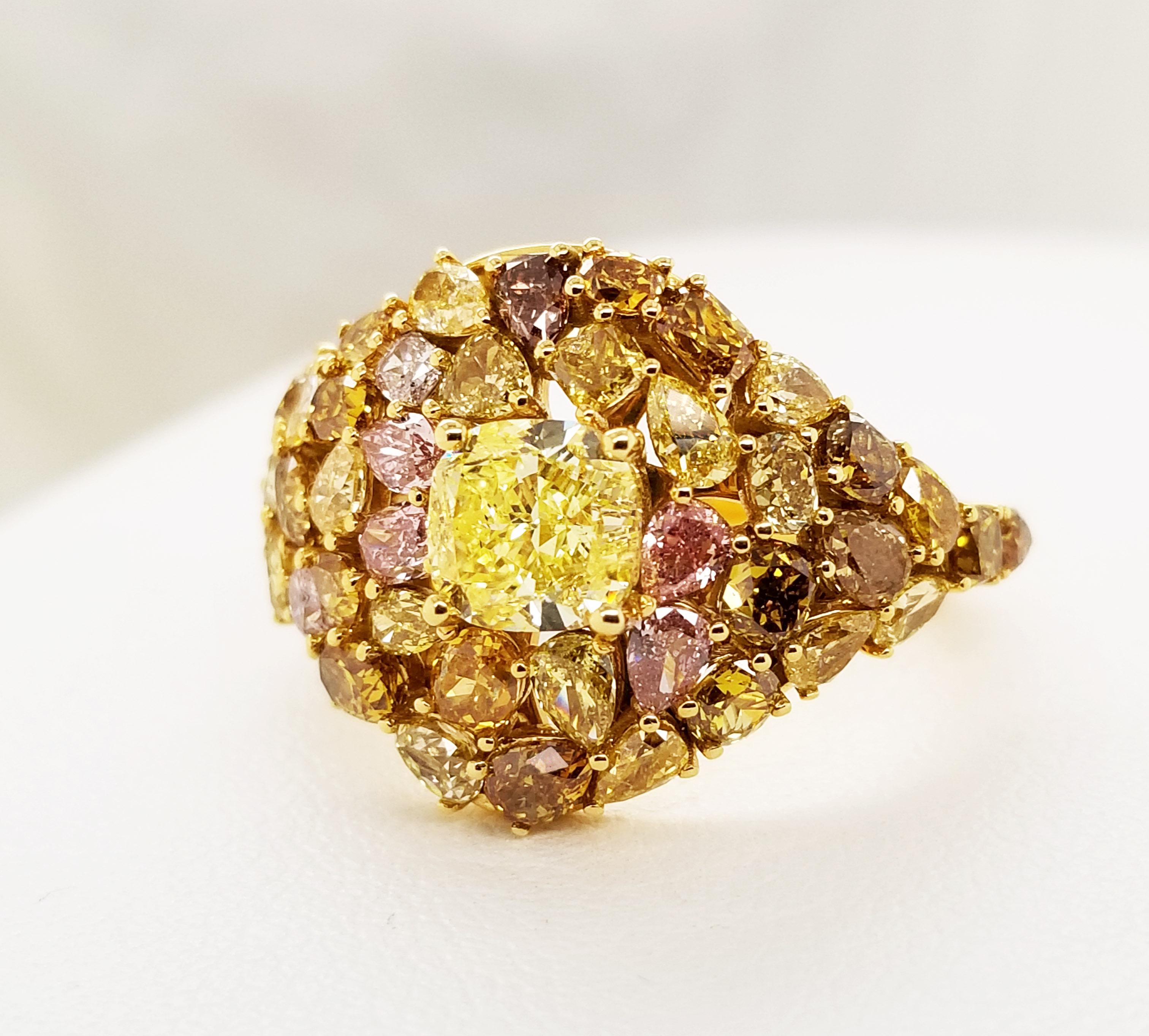 Cocktail Ring with GIA-Certified 1.00 Carat Fancy Yellow Diamond Center Stone Mosaic Style Statement Ring with Fancy Color Diamonds on 18k Yellow Gold Setting. 3.38 carats of fancy color diamonds in mosaic ring with pear, oval and cushion cut
