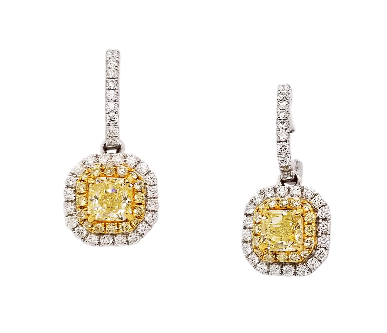 Radiant Cut Scarselli Dangle Earrings in Platinum Fancy Yellow Diamonds 0.5 Each, GIA For Sale