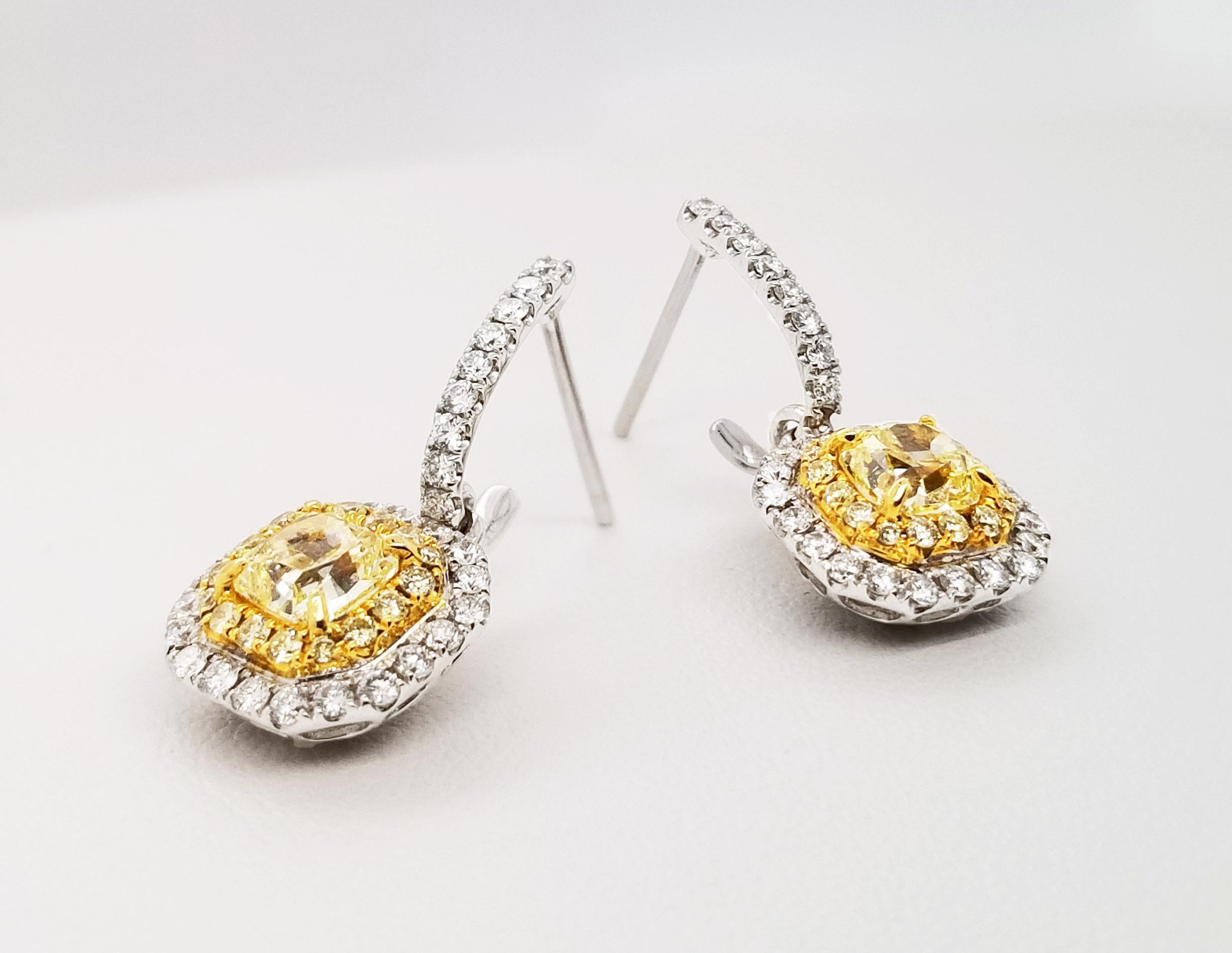Women's Scarselli Dangle Earrings in Platinum Fancy Yellow Diamonds 0.5 Each, GIA For Sale