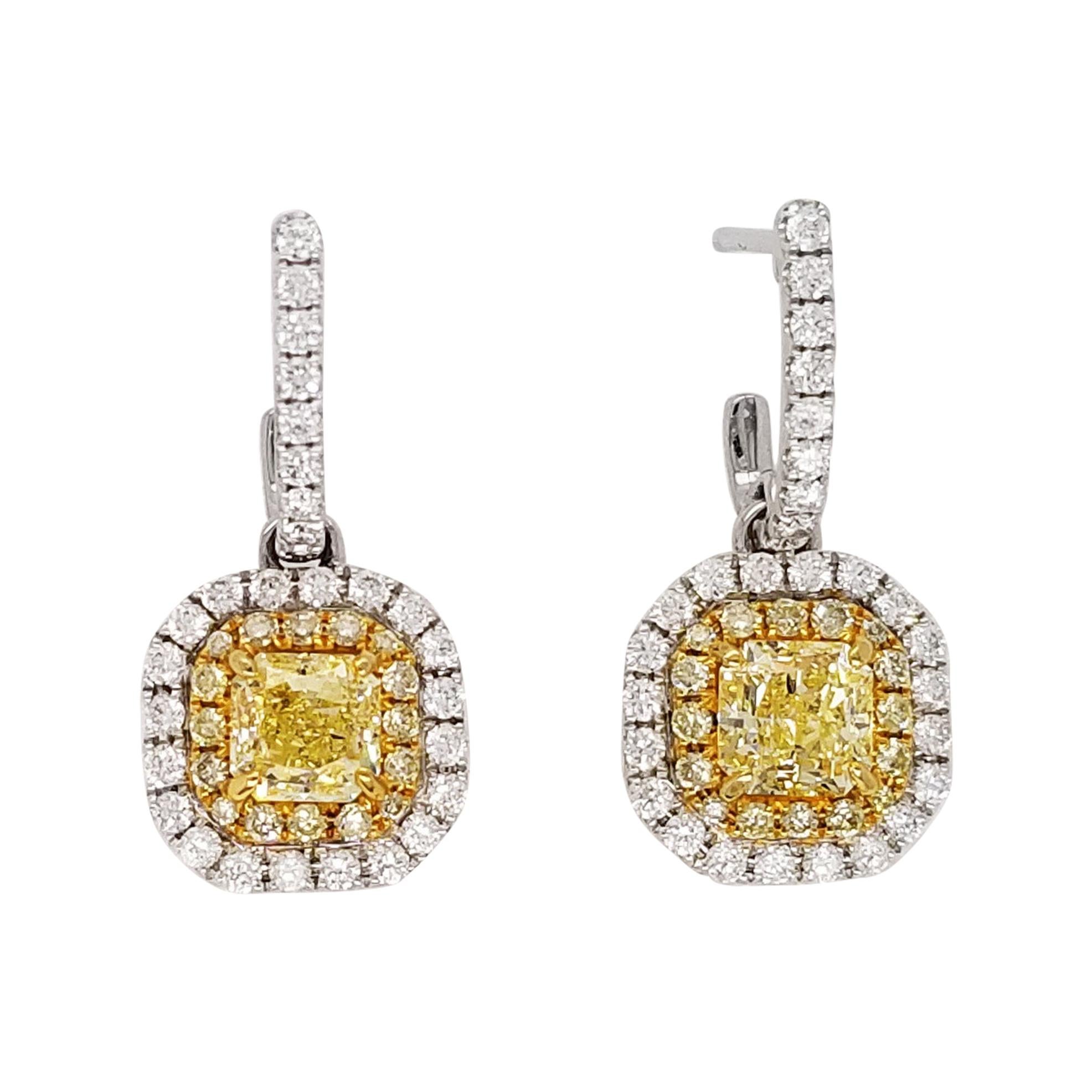Scarselli Dangle Earrings in Platinum Fancy Yellow Diamonds 0.5 Each, GIA For Sale