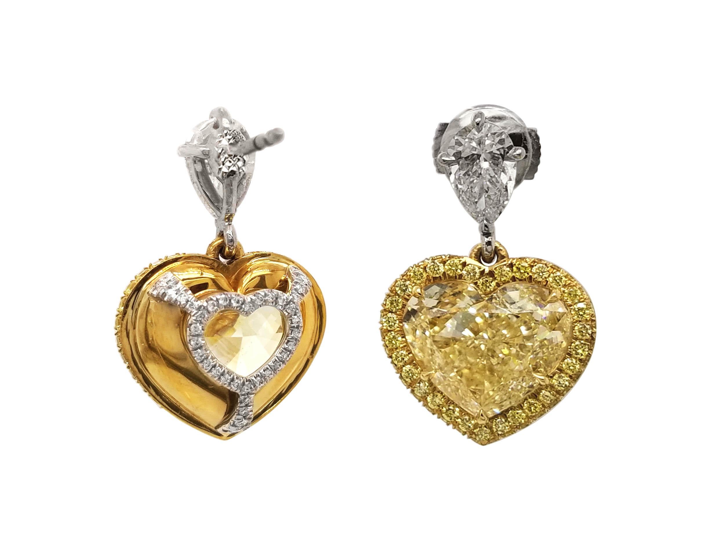 Heart Cut Scarselli Dangle Heart Earrings with 6 Carat Fancy Light Yellow Diamonds