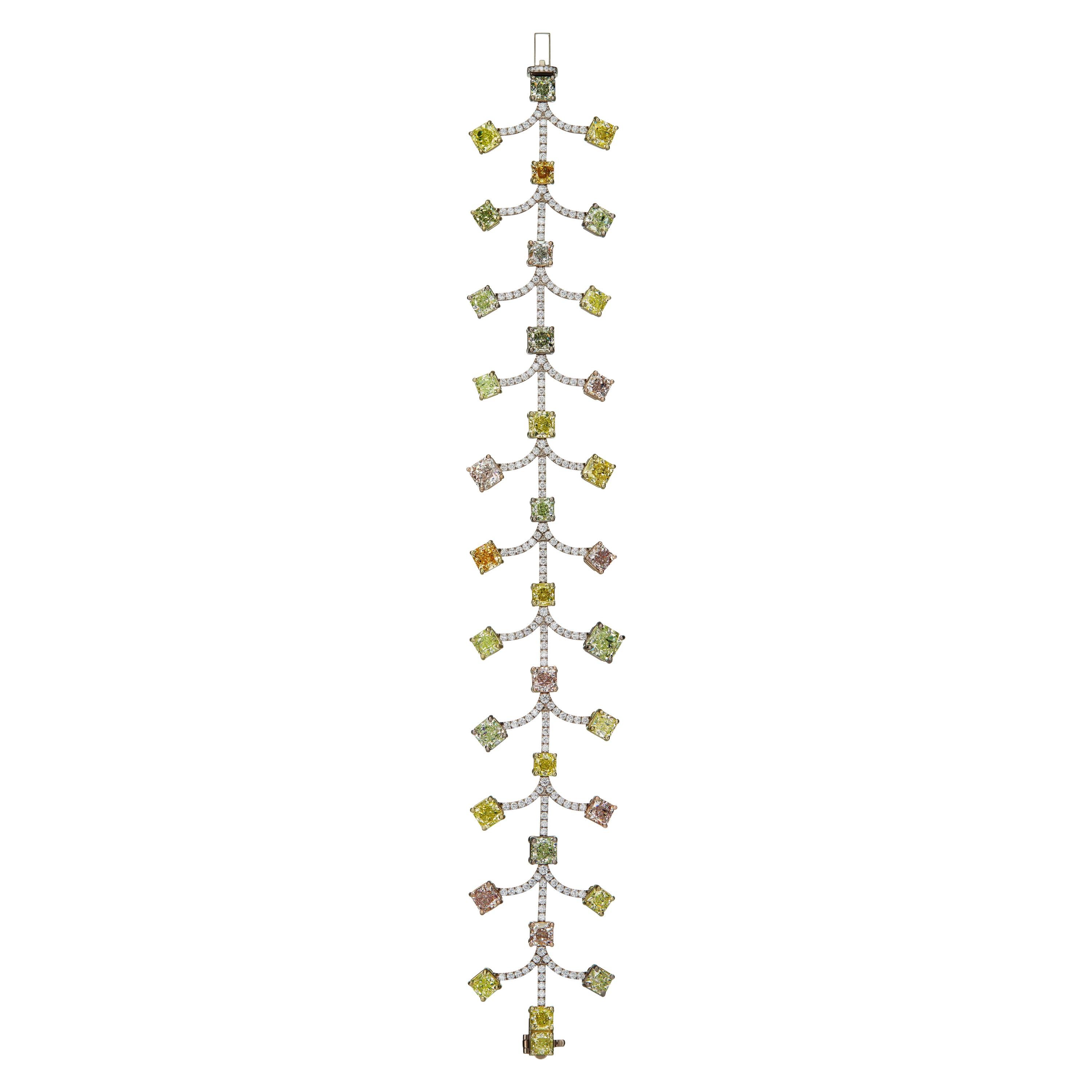 Scarselli Fancy Color Diamond Bracelet in Platinum 17.33 Carat For Sale