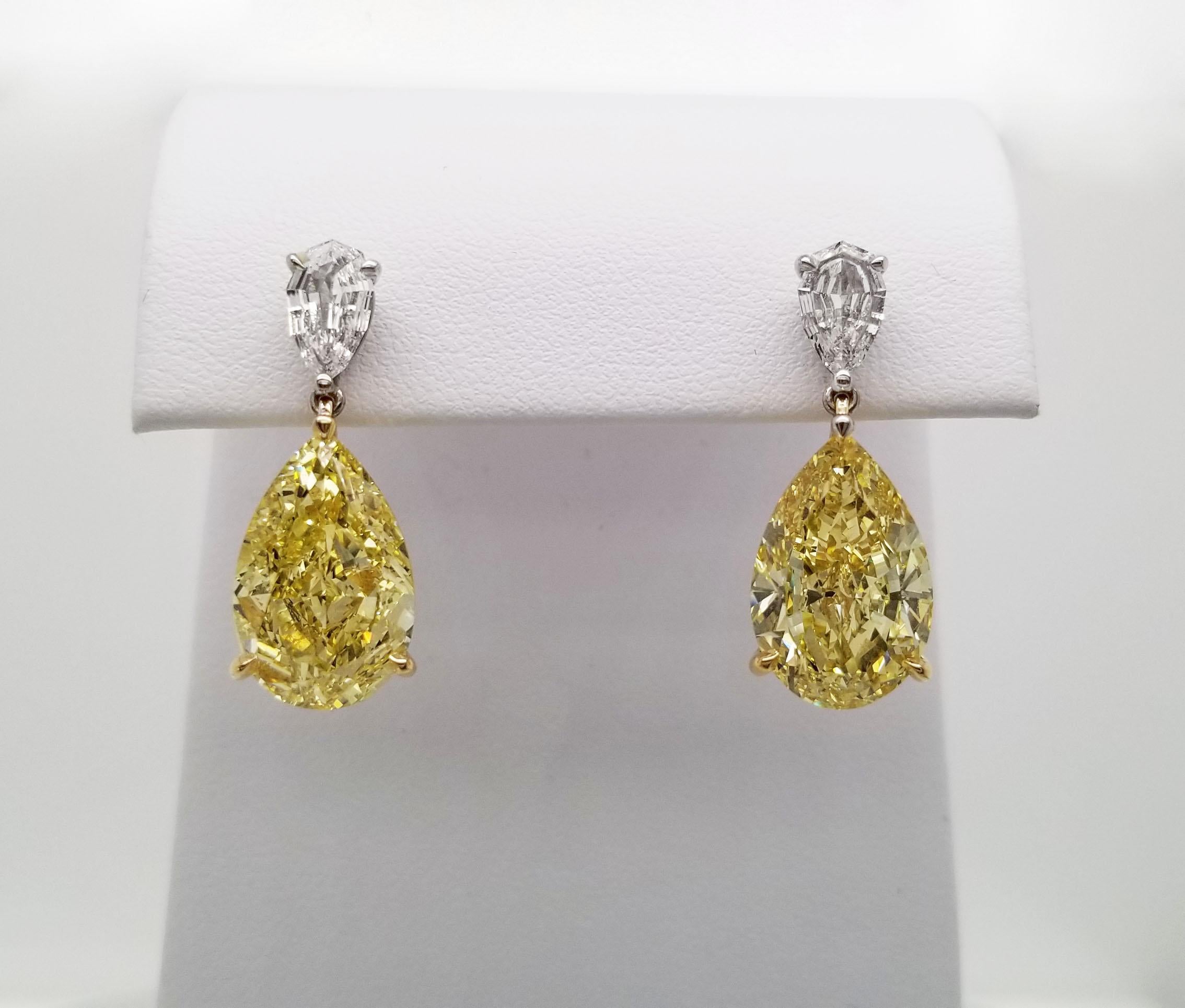 Pear Cut Scarselli  Fancy Intense Yellow Diamond Dangle Earrings  For Sale