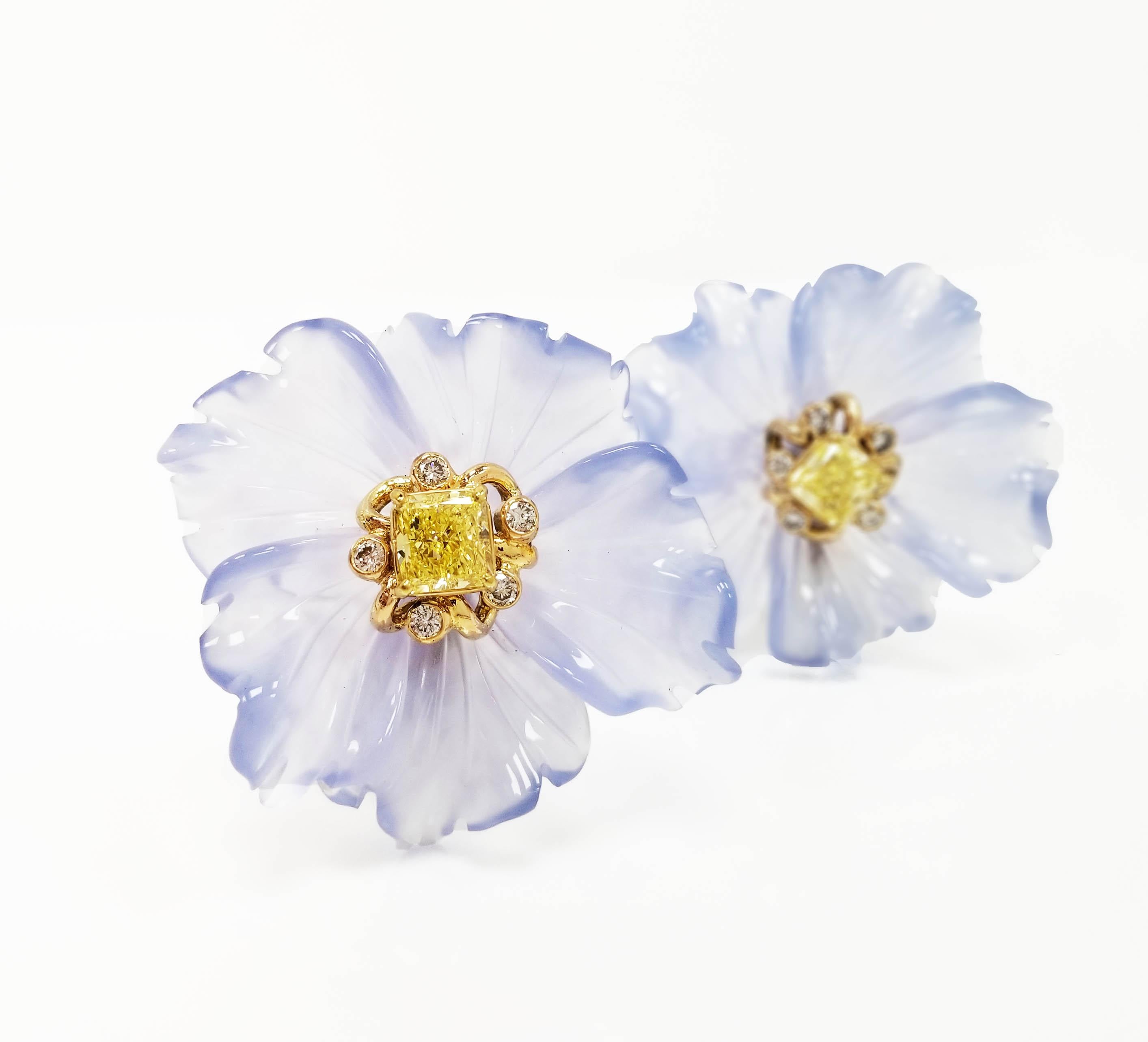 Cushion Cut Scarselli GIA Fancy Intense Yellow Diamond Blue Floral Earrings By Rebecca Koven For Sale