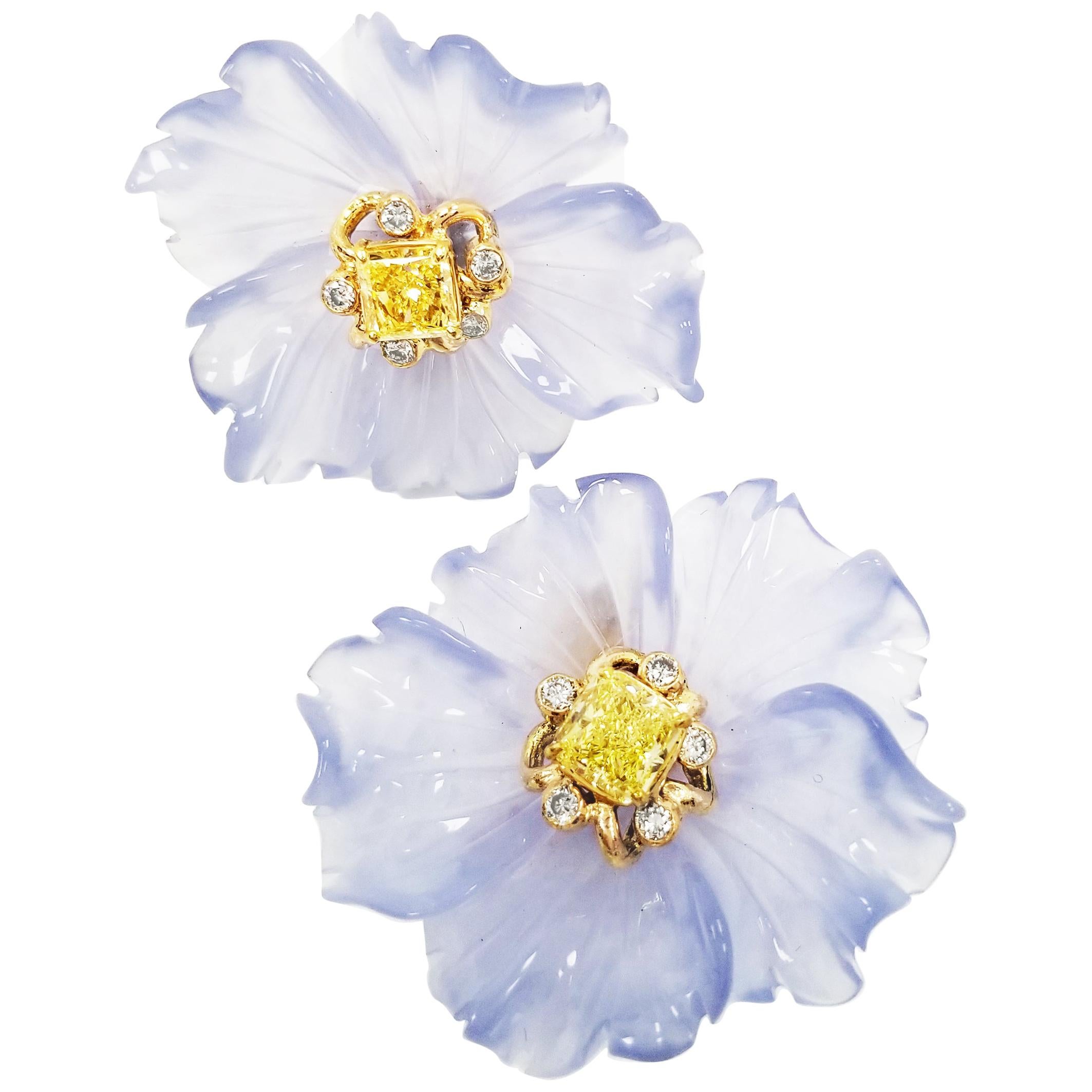 Scarselli GIA Fancy Intense Yellow Diamond Blue Floral Earrings By Rebecca Koven For Sale