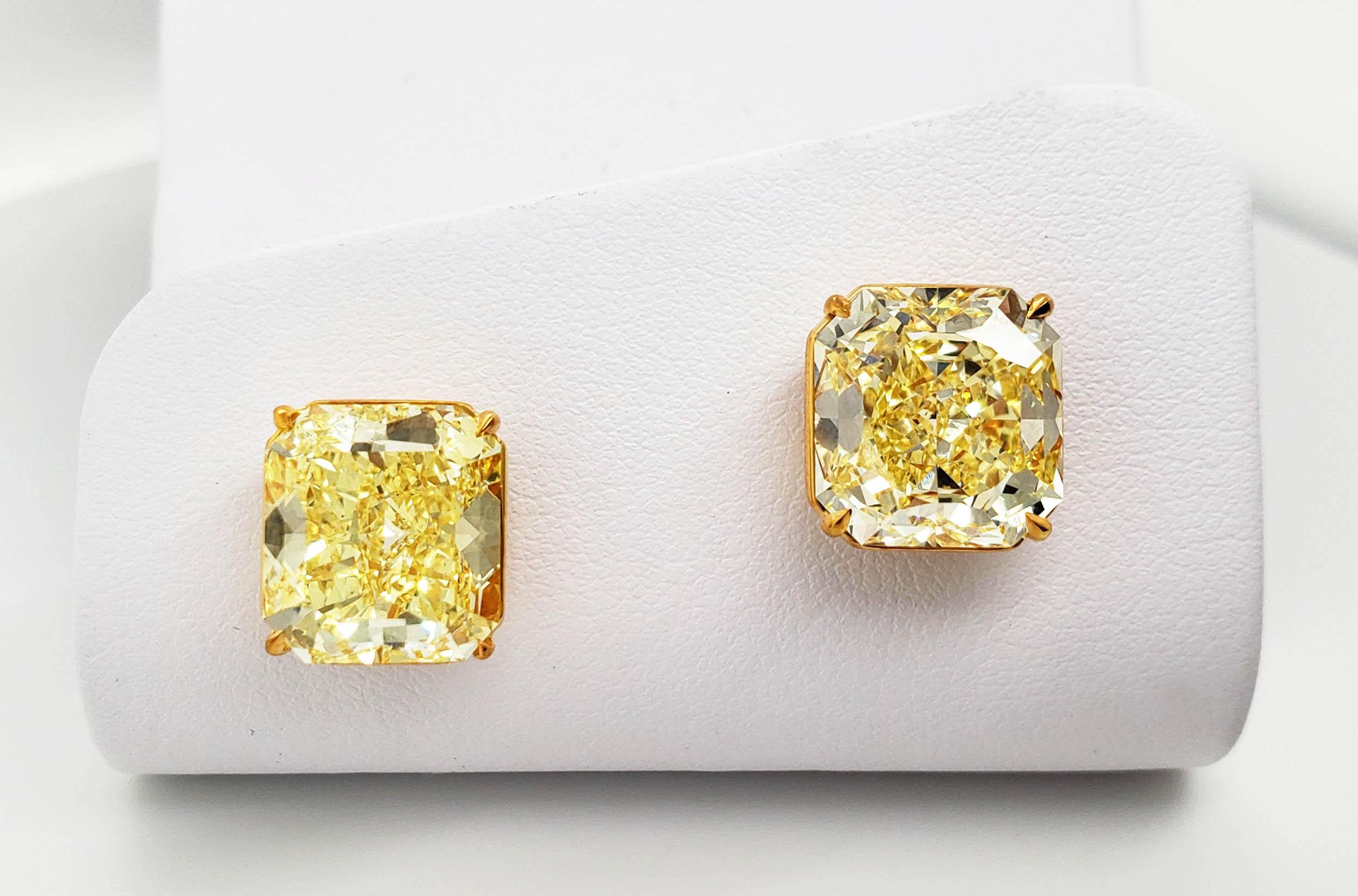 Radiant Cut Scarselli Stud Earrings 7 carat Yellow Diamond each set in 18k Yellow Gold