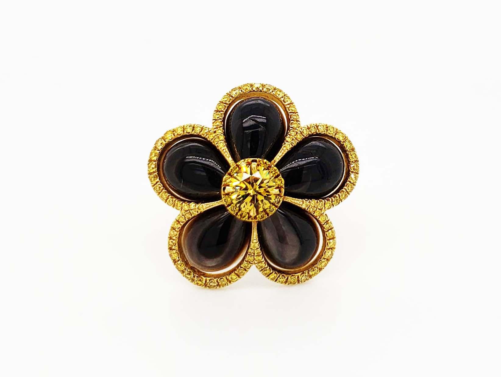 Round Cut Scarselli Fancy Vivid Yellow Diamond Mother of Pearl 18 Karat Gold Flower Ring For Sale