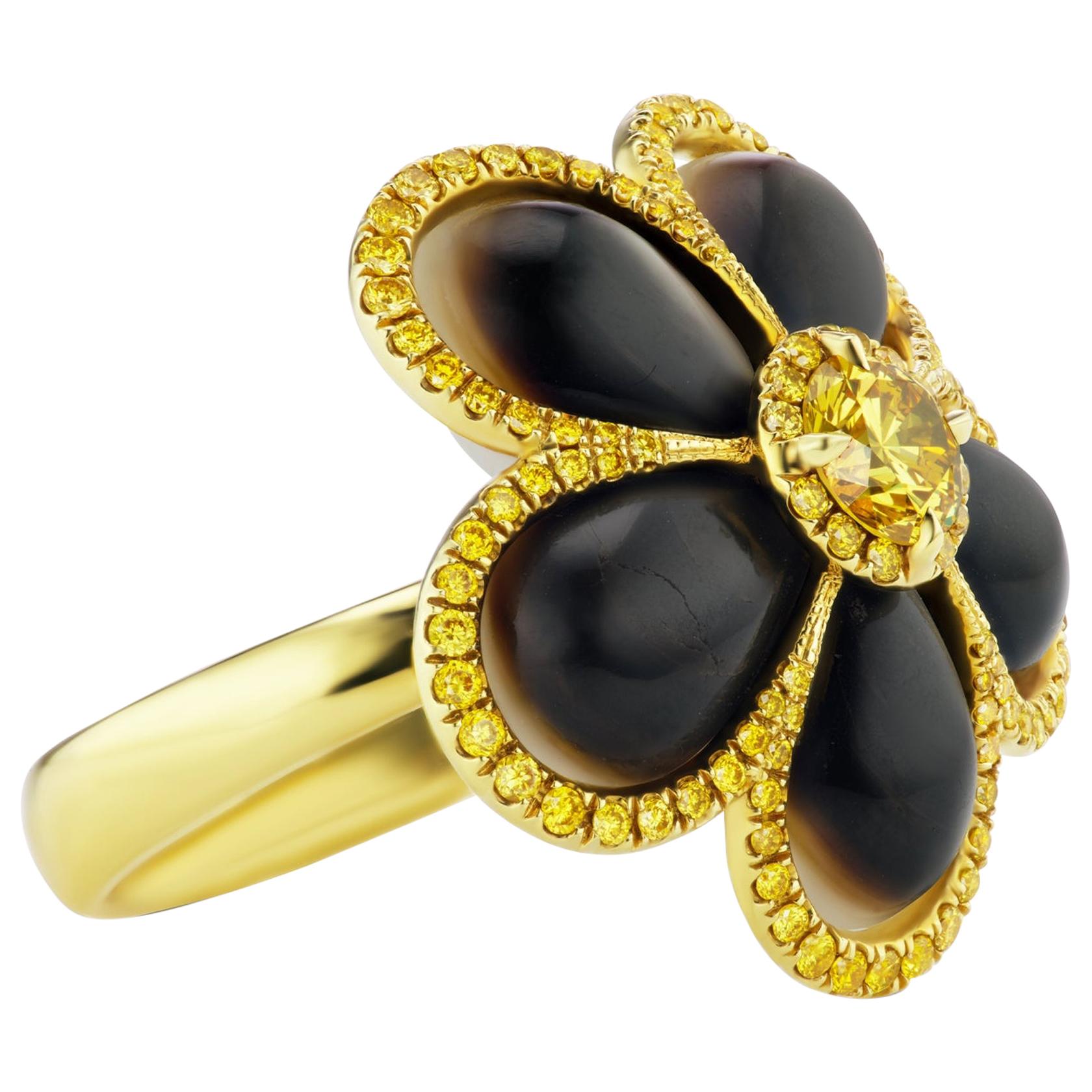 Scarselli Fancy Vivid Yellow Diamond Mother of Pearl 18 Karat Gold Flower Ring In New Condition For Sale In New York, NY