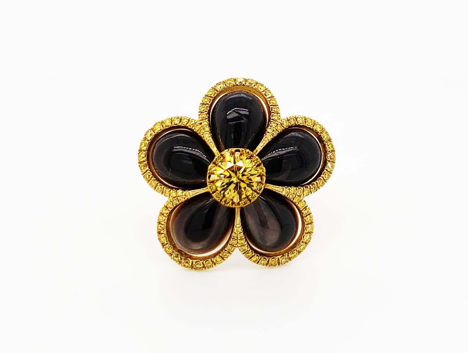 Contemporary SCARSELLI Fancy Vivid Yellow Diamond Mother of Pearl 18 Karat Gold Flower Ring For Sale